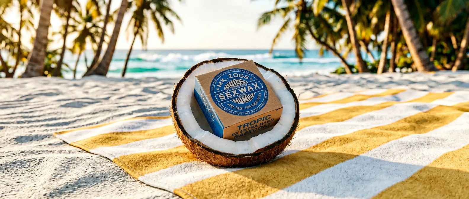 sex wax dans noix de coco sur plage tropicale