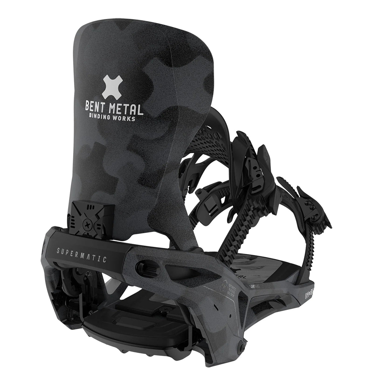 vue arrière de la fixation de snowboard noire supermatic bent metal