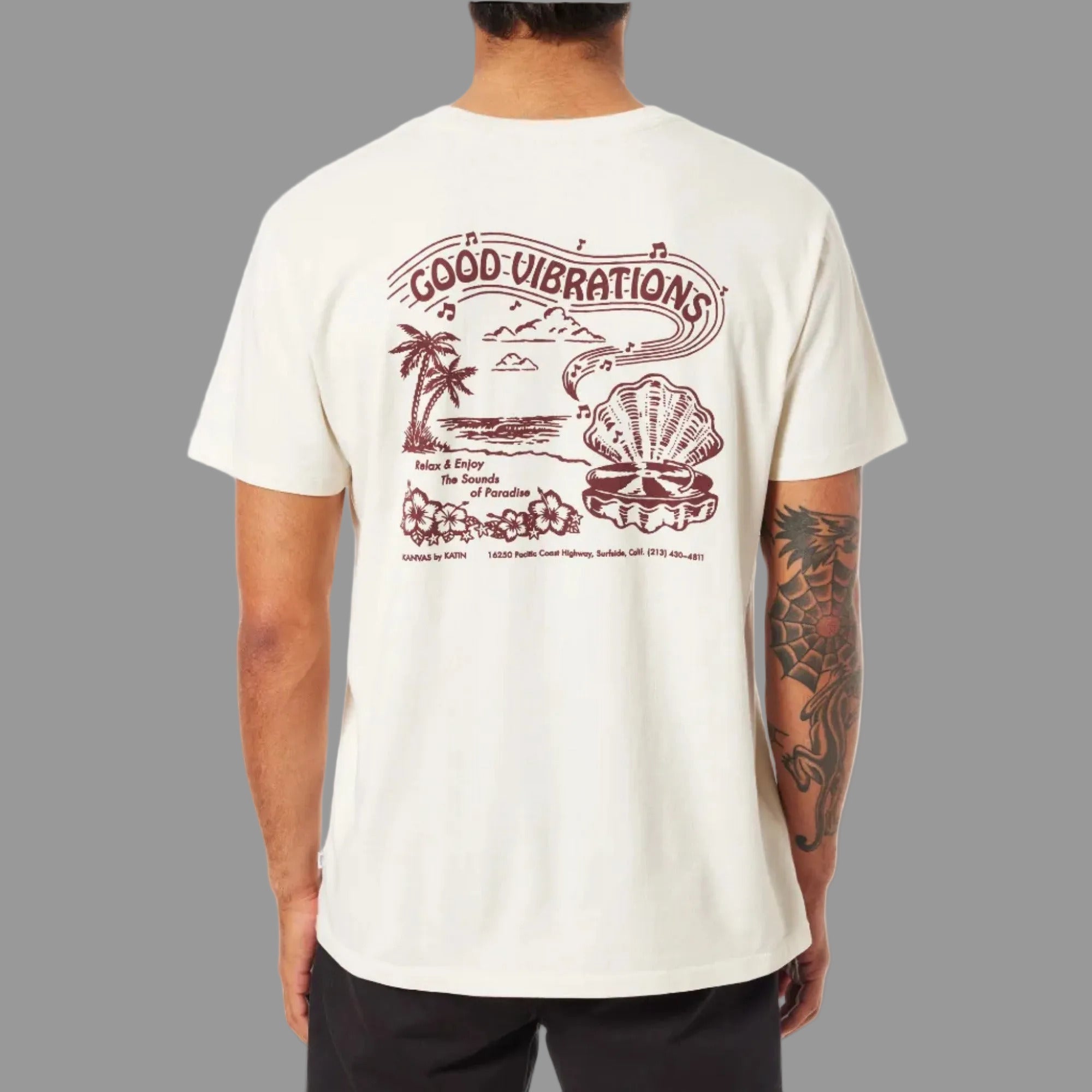 KATIN TEE SHIRT VIBRATIONS Vintage white porte par homme dessin coquillage plage palmier musique