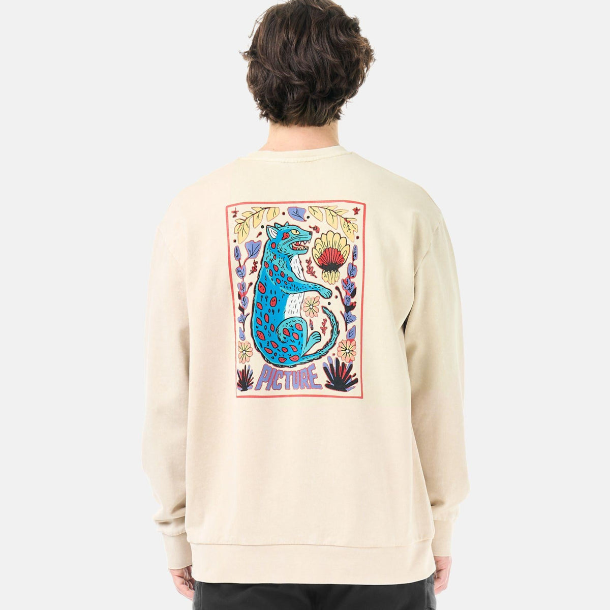 Dos du sweatshirt homme Picture Karo Crew Pure Cashmere Washed avec grande illustration multicolore imprimée