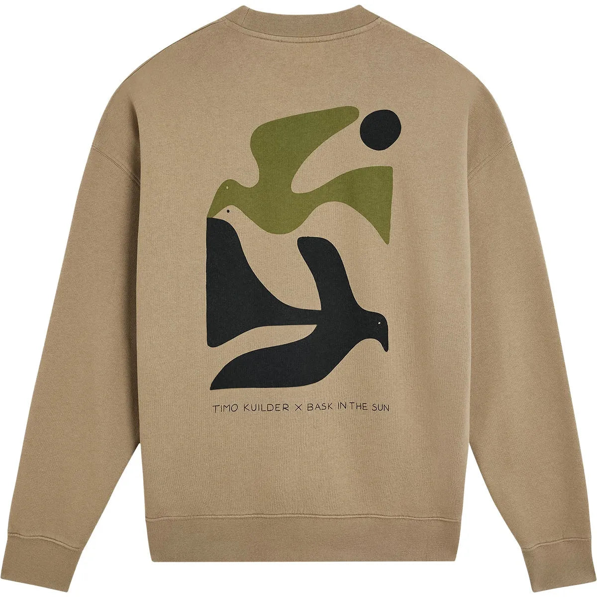 Sweatshirt homme Bask in the Sun Peace Almond beige avec grand motif abstrait colombes vert et noir imprimé au dos