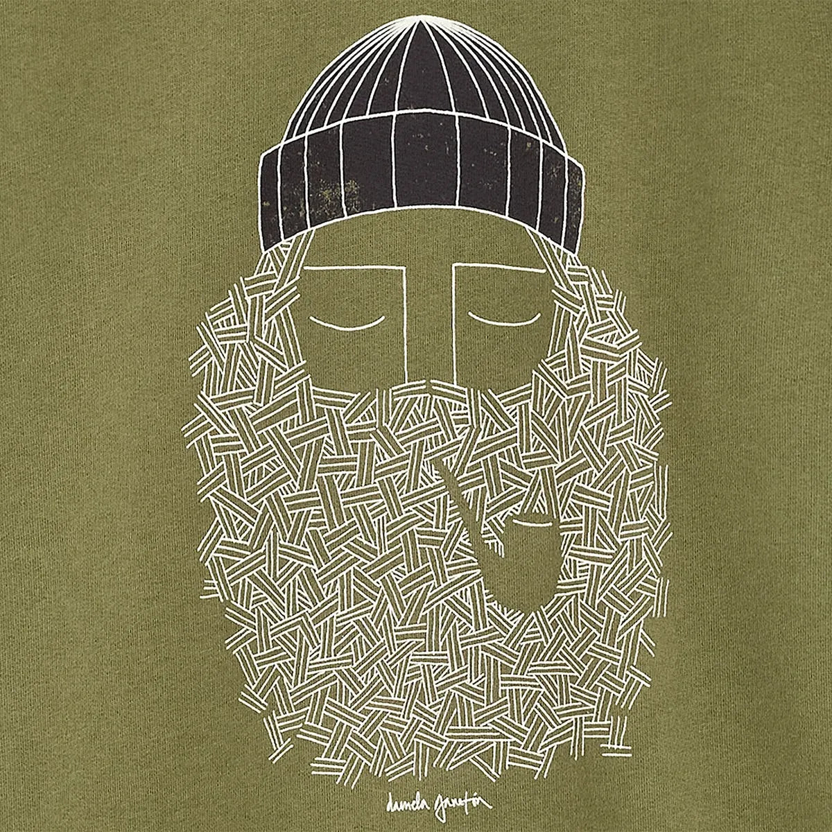 Détail du motif Smoking Pipe par Daniela Garreton représentant un homme barbu avec bonnet noir sur fond vert