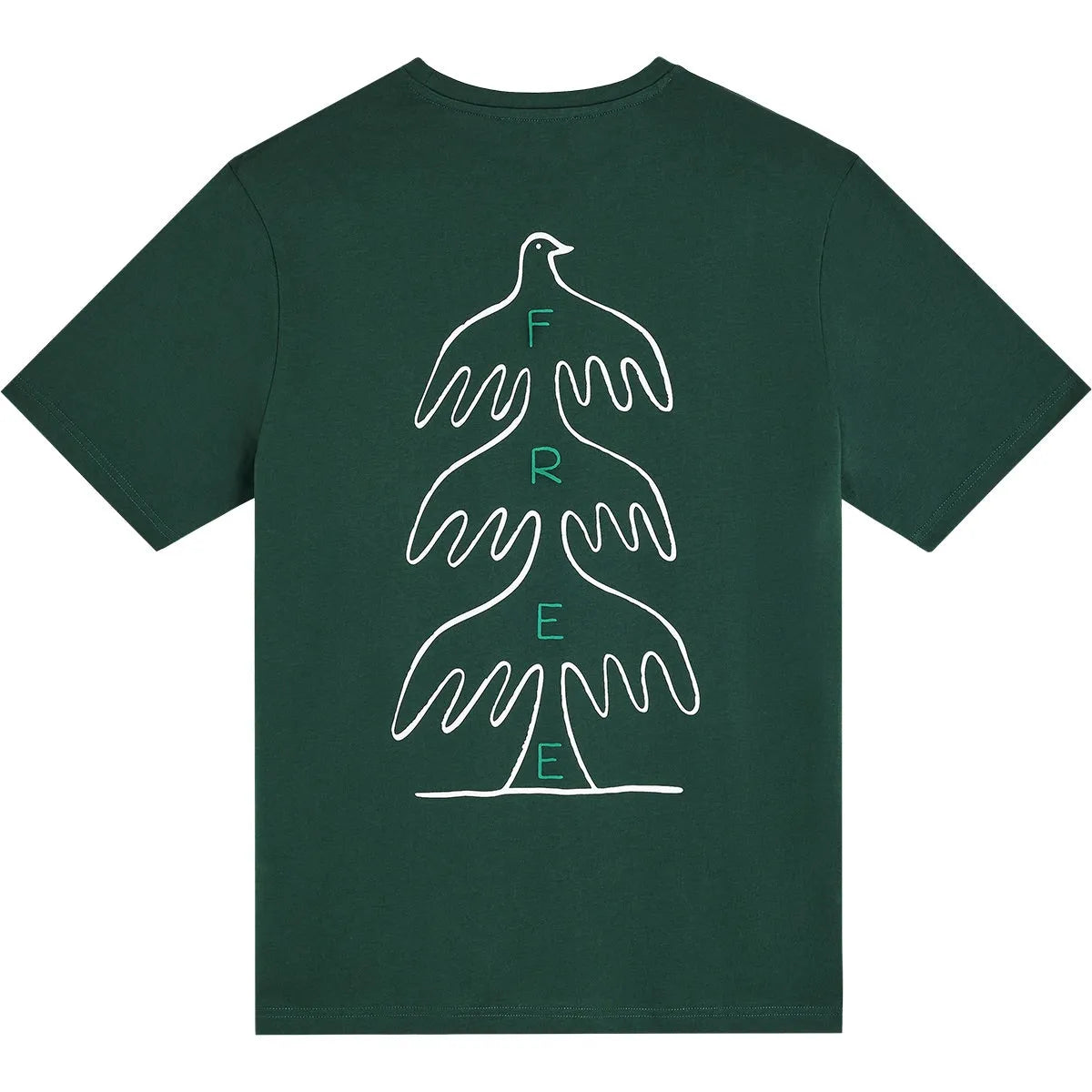 T-shirt homme Bask in the Sun Free Forest vert foncé avec trois oiseaux stylisés en trait blanc et lettres colorées FREE au dos