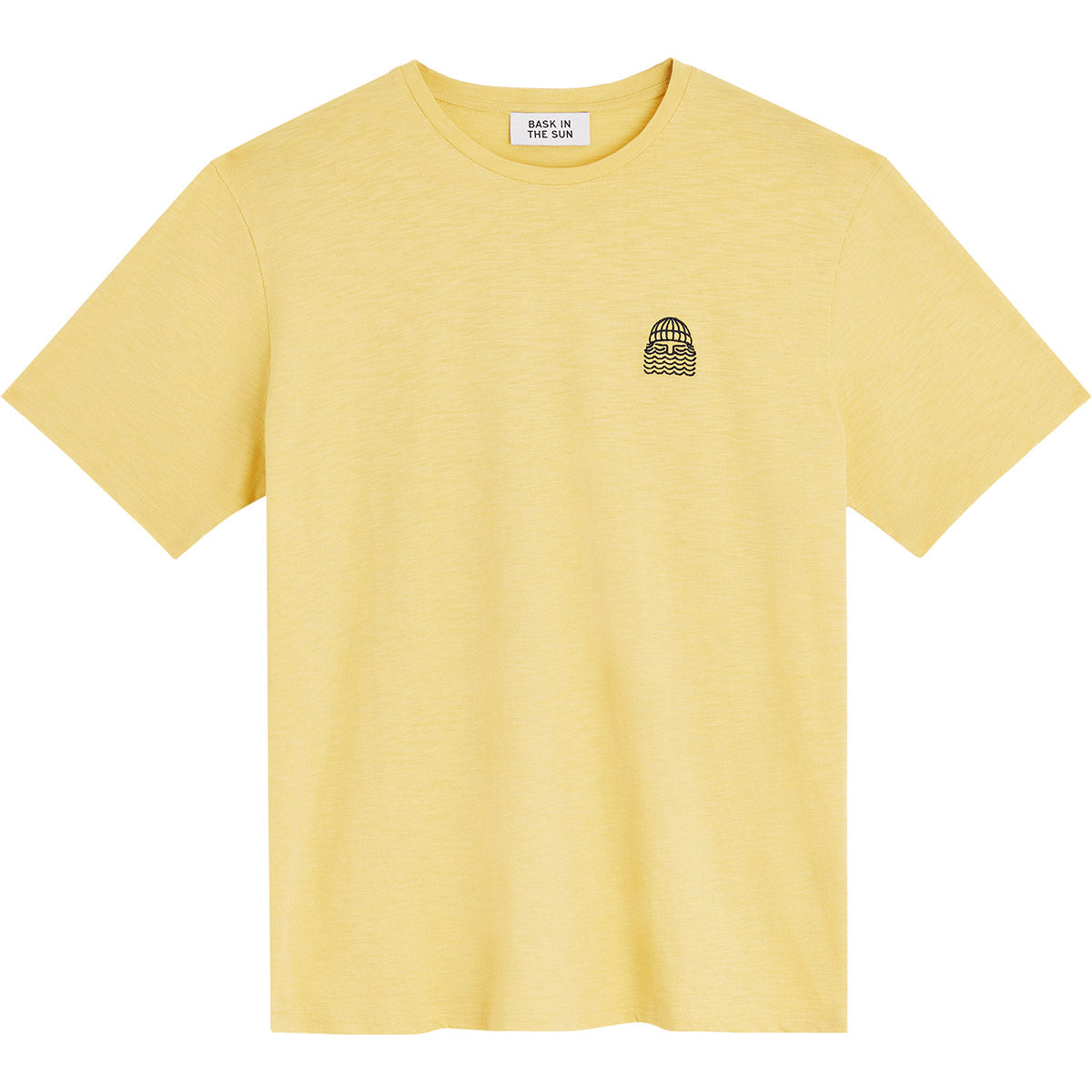 tee shirt pour homme jaune avec broderie barbu noir sur le coeur bask in the sun