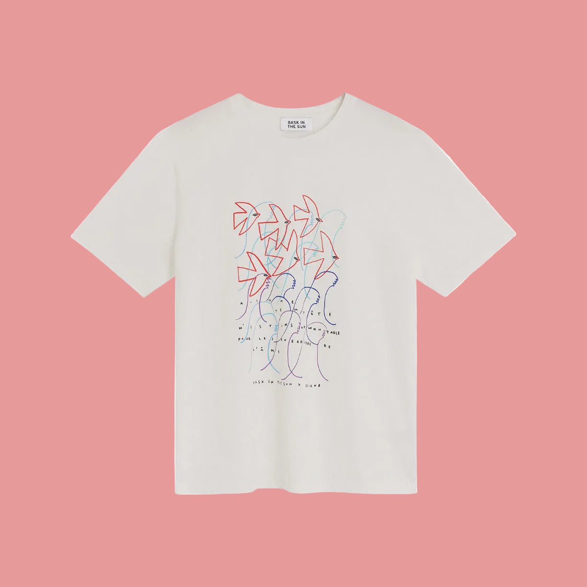 tee shirt homme blanc avec logo devant avec oiseau vue de face a plat