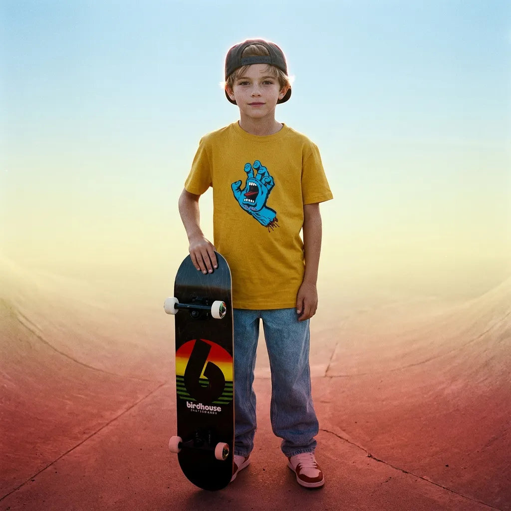 vue enfant avec tee-shirt jaune santa cruz et jean large bigfoot ambiance skatepark
