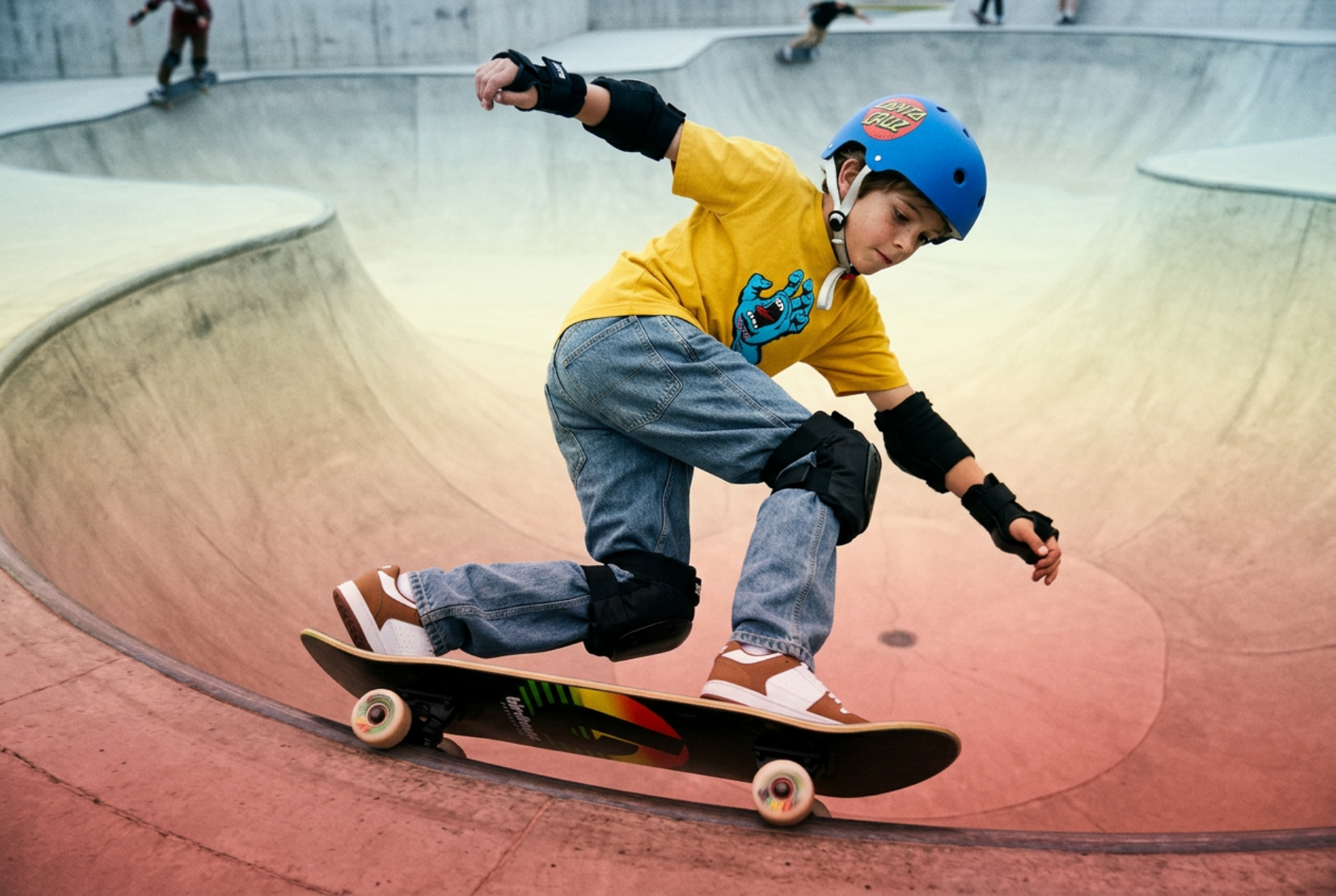 enfant en action skate casque bleu tee jaune et et jean baggy bigfoot nonsens