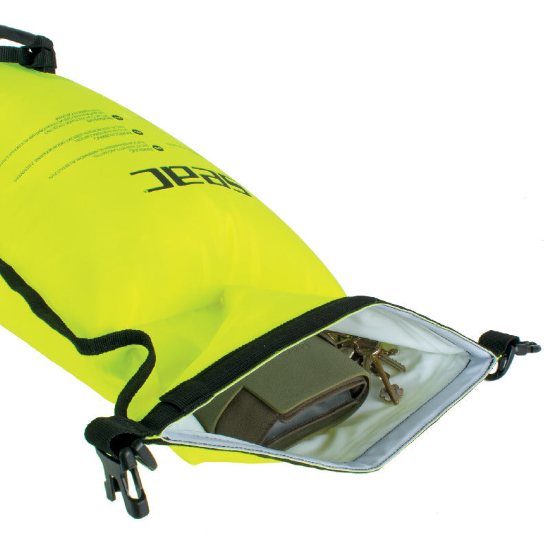 bouée de nage Seac Safe Dry jaune avec rangement étanche et sangle de maintien.