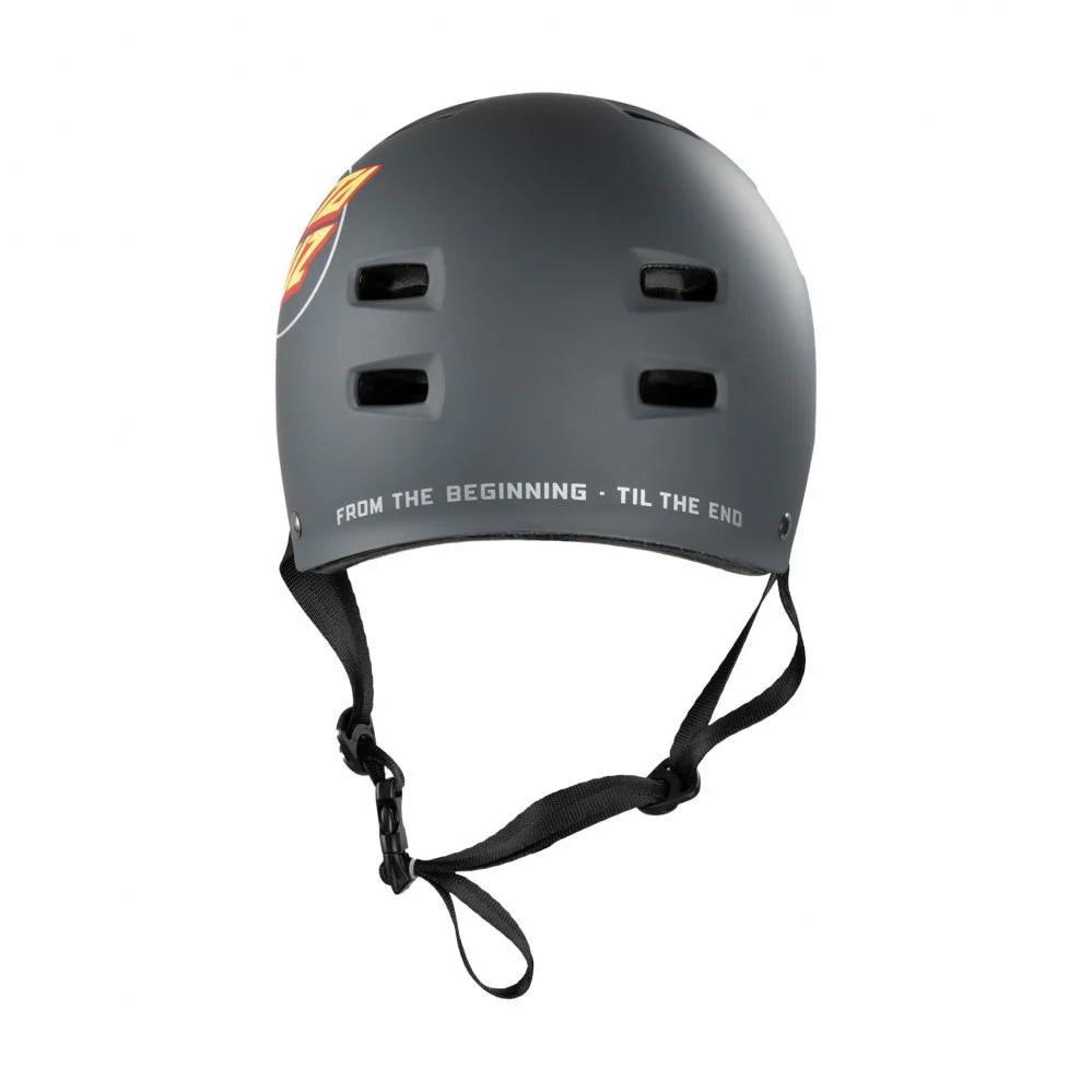 casque skate trotinette santa cruz gris détail inscriptions à l'arrière