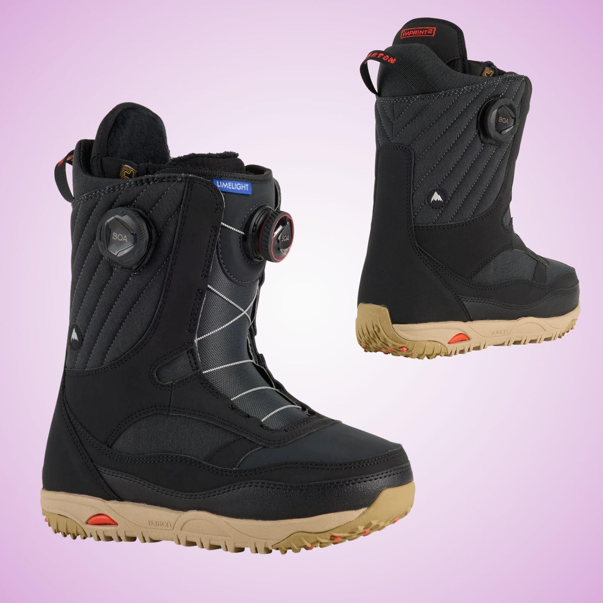 Boots snowboard femme Burton Limelight BOA noires présentées de face et de dos, avec double serrage BOA et semelle beige crantée