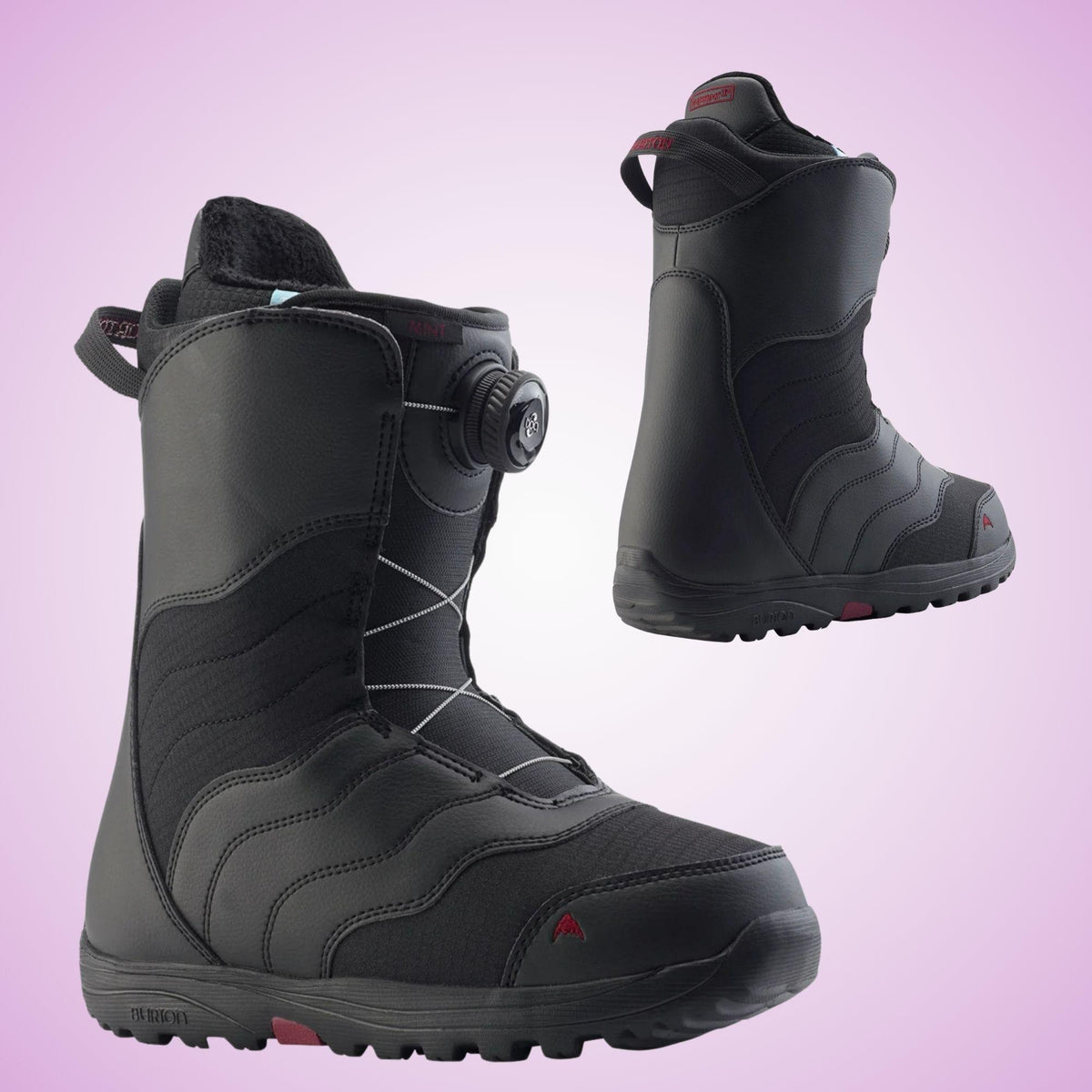 Vue de face et arrière de la Burton Mint noire, montrant la tige montante, le renfort talon sculpté et la semelle extérieure à crampons