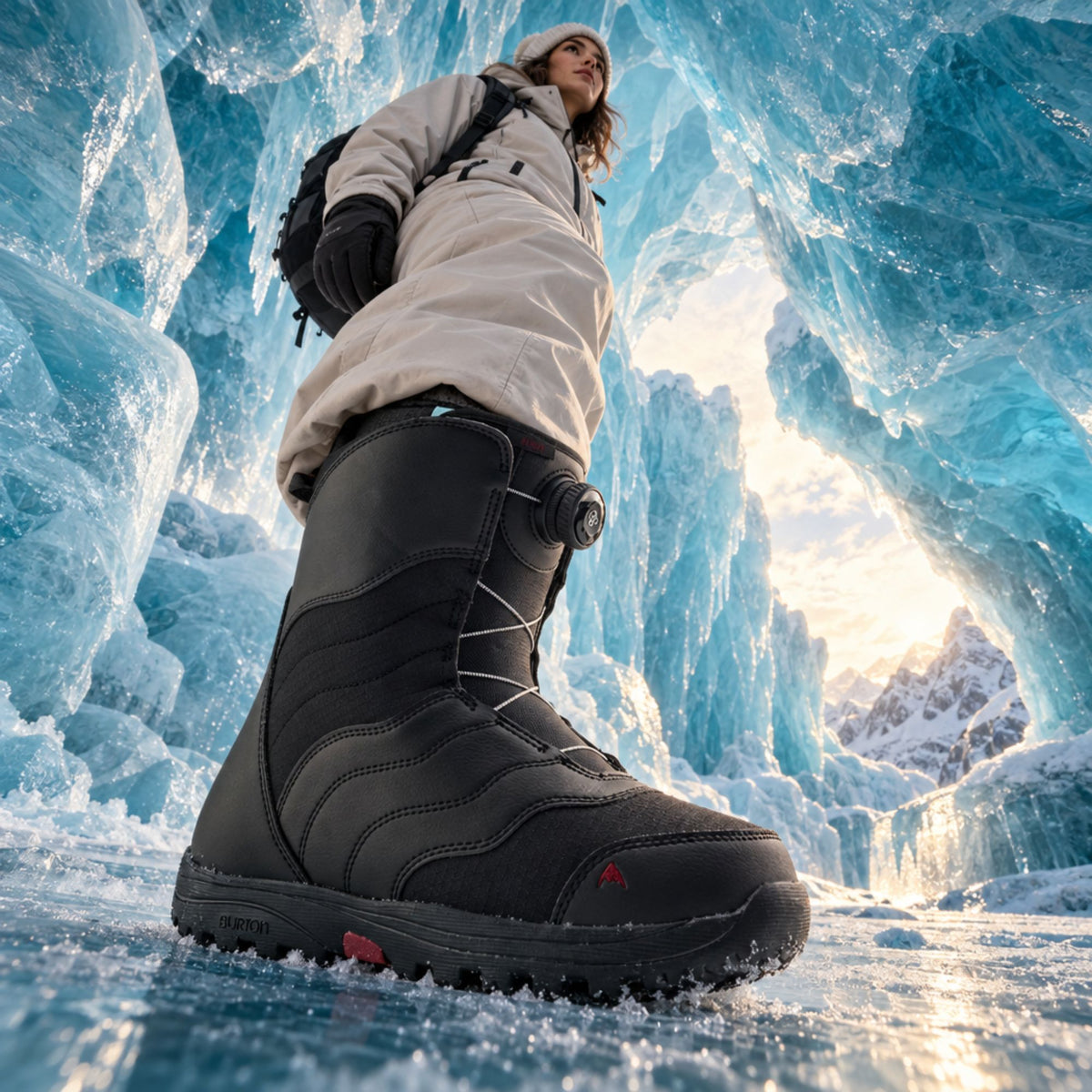 Boot de snowboard femme Burton Mint BOA Wide noire portée sur glace, serrage BOA latéral et semelle crantée visibles