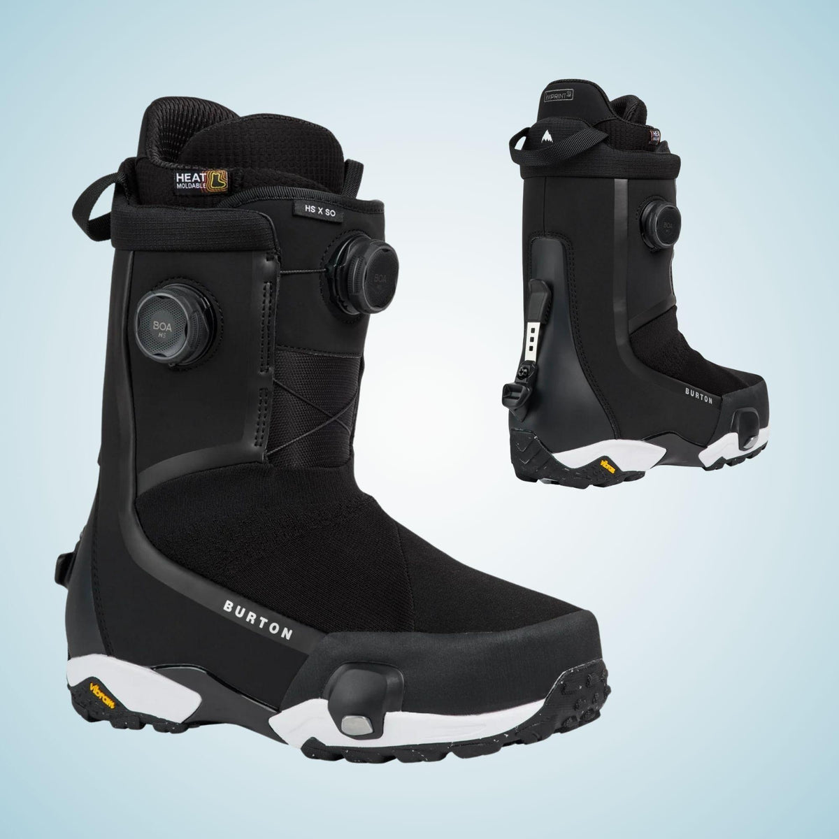 Boots snowboard homme Burton Highshot X Step On Wide noires présentées de face et de dos, avec double BOA et semelle crantée