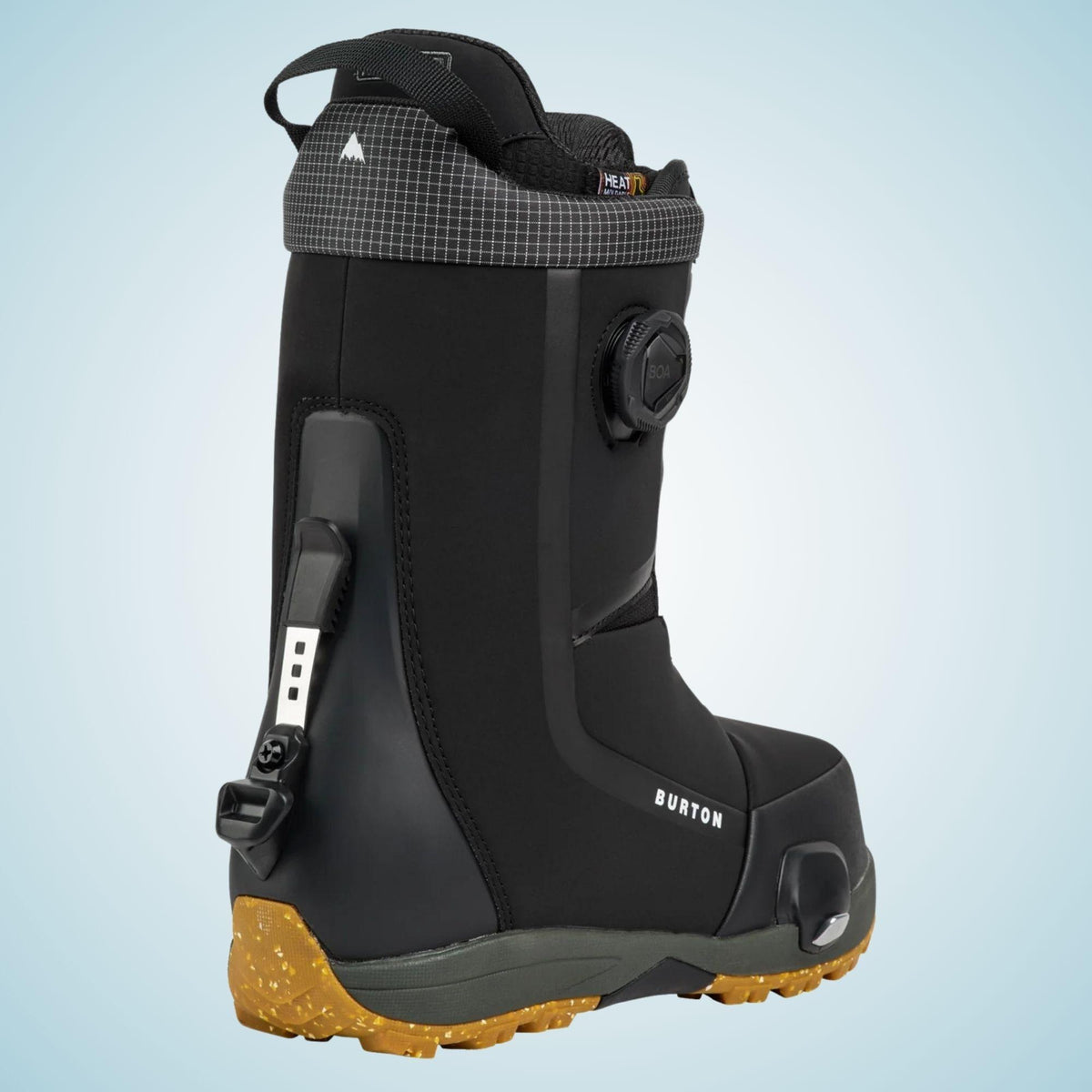 Arrière de la boot Burton, avec renfort talon, col rembourré, semelle Step On jaune à crampons et pince pour pantalon