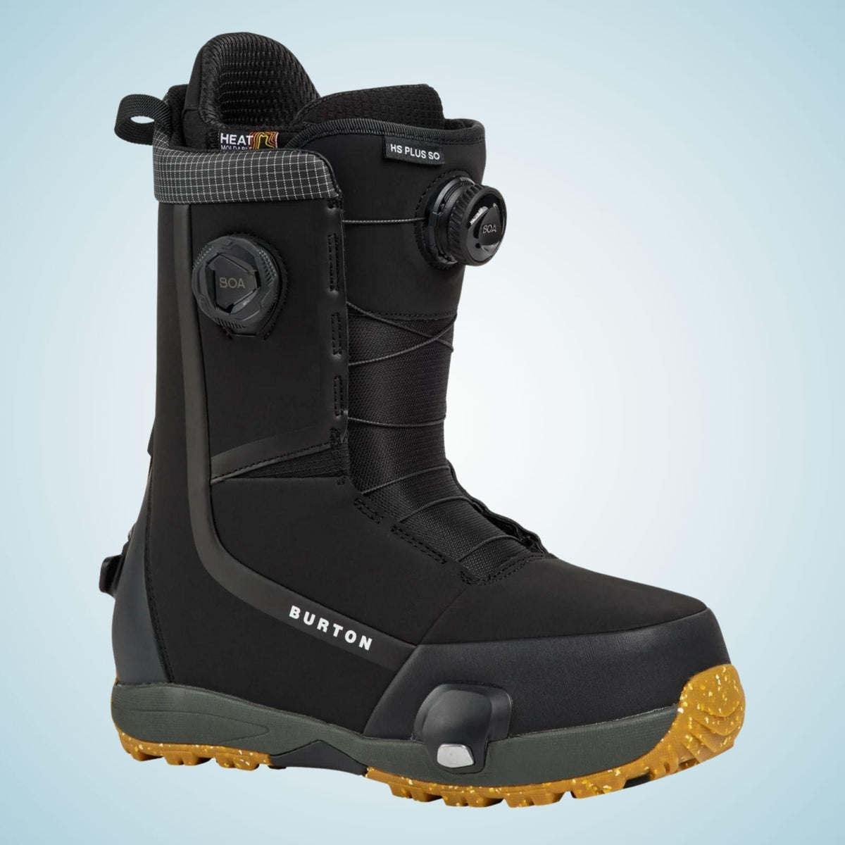 Boot snowboard noire de profil, double molette BOA pour ajuster séparément les zones supérieure et inférieure