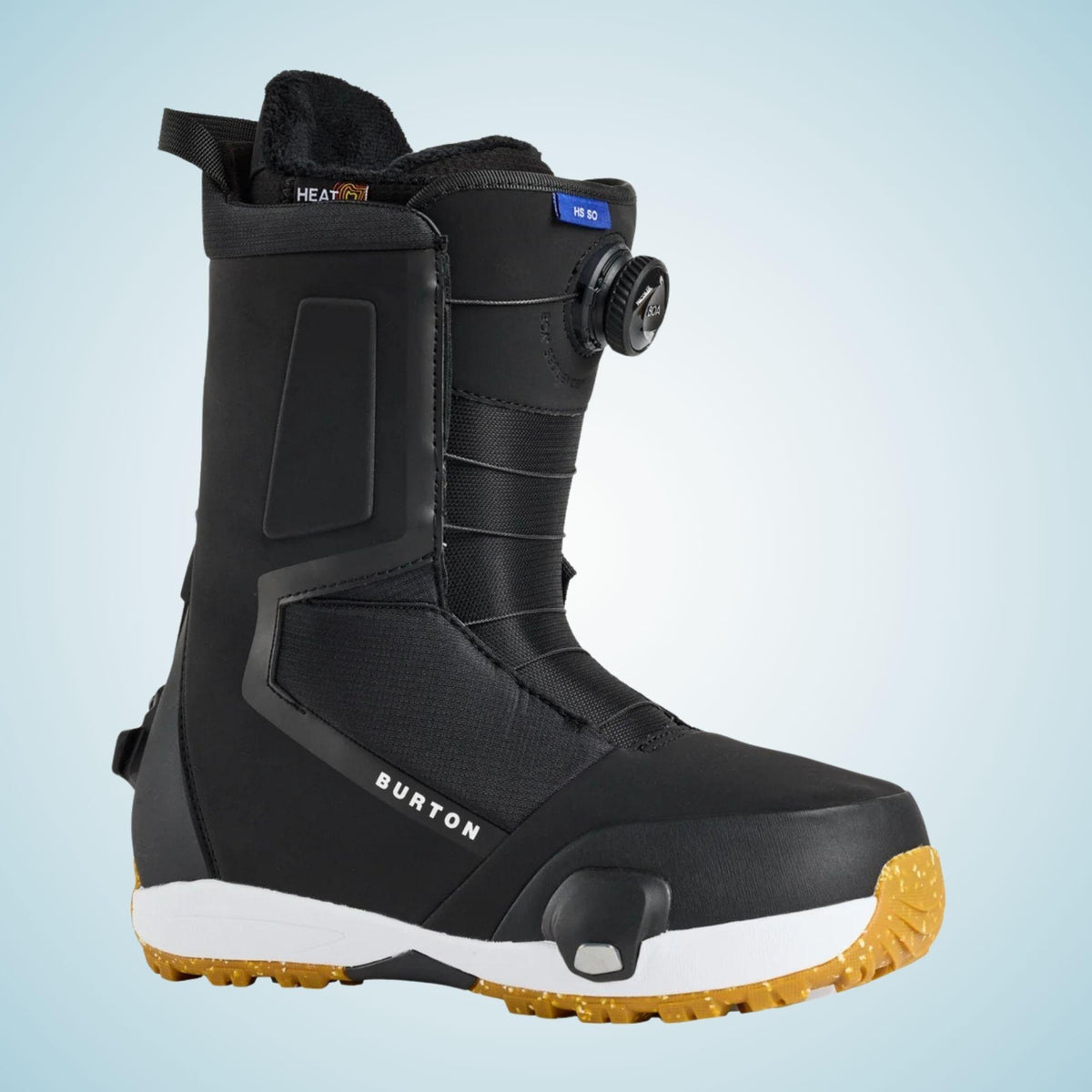 Burton Highshot Step On vue de profil extérieur, avec molette BOA latérale, renforts noirs et semelle crantée orange