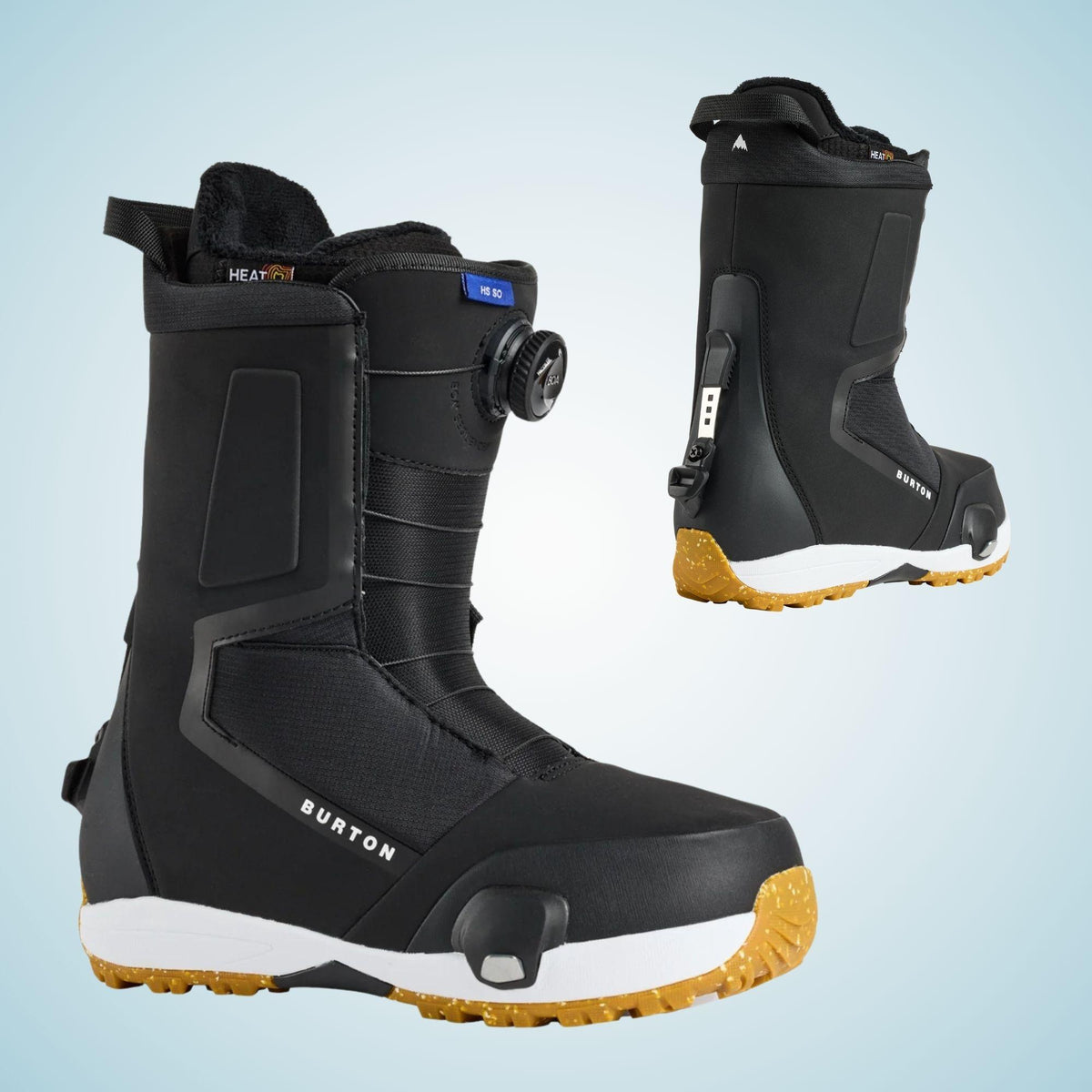 Deux boots snowboard homme Burton Highshot Step On noires présentées de face et de dos, avec semelle blanche et crampons orange