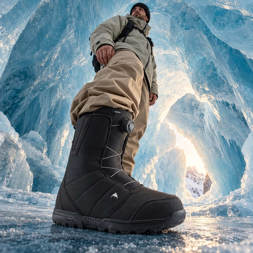 homme vue de dessous portant boots snow homme burton moto boa noire avec pantalon beige dans grotte de glace lifestyle