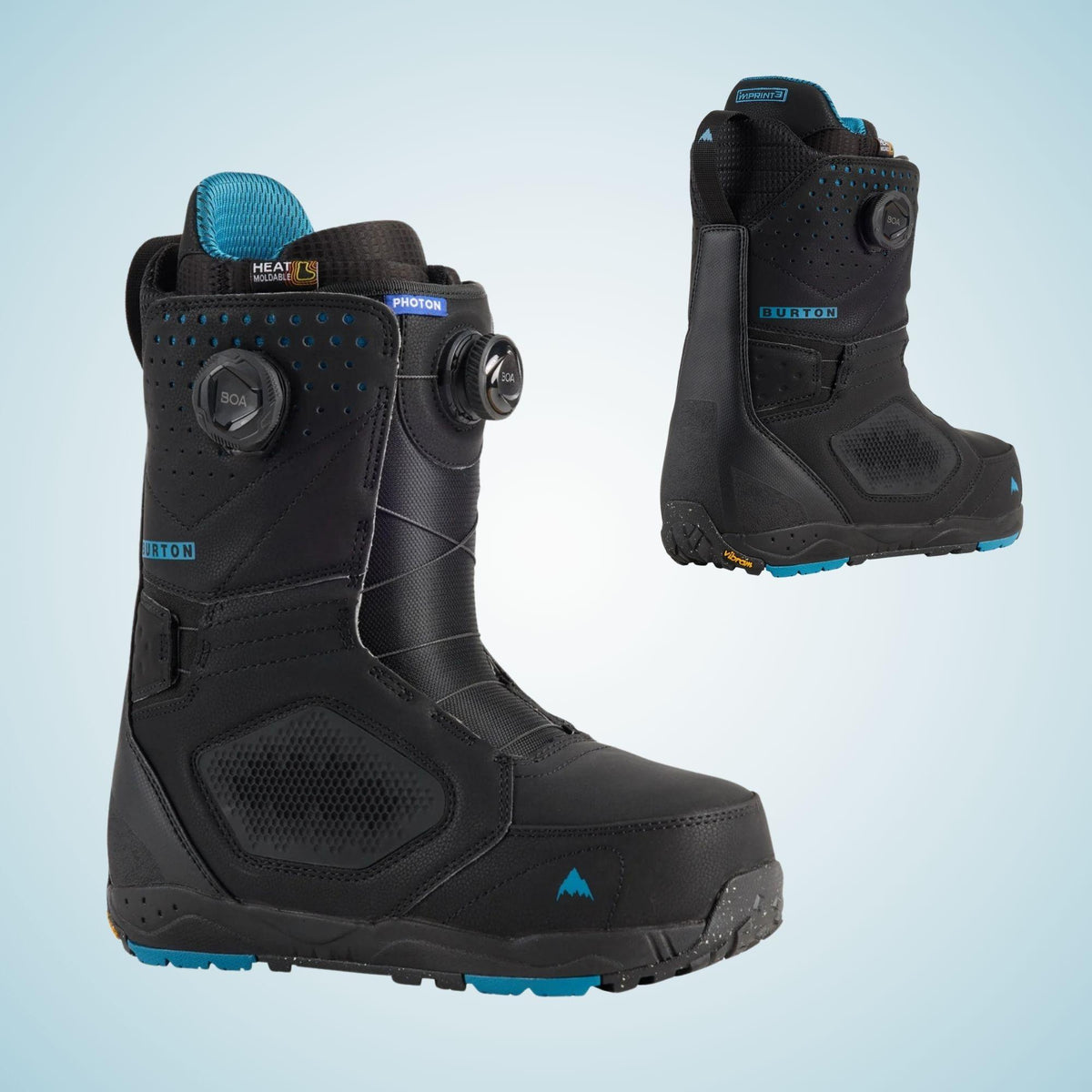 Deux boots snowboard homme Burton Photon BOA noires présentées en vues avant et arrière trois quarts, avec doubles molettes BOA et accents bleus