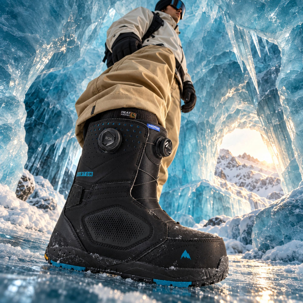 Chaussure snowboard homme Burton Photon BOA Wide noire, double molette de réglage et renforts de tige visibles sur terrain glacé