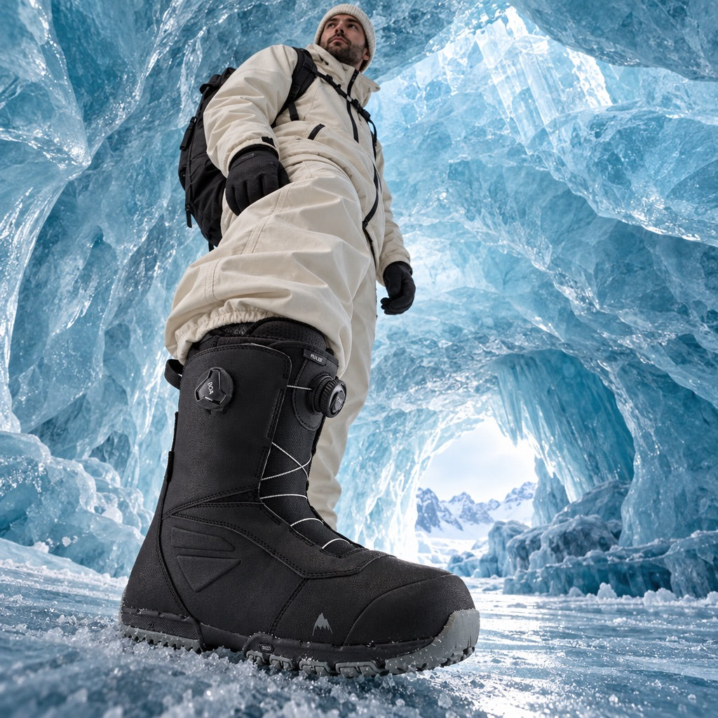 homme vue de profil habillé en beige avec boots de snoboard burton ruler boa noire vue de dessous lifestyle