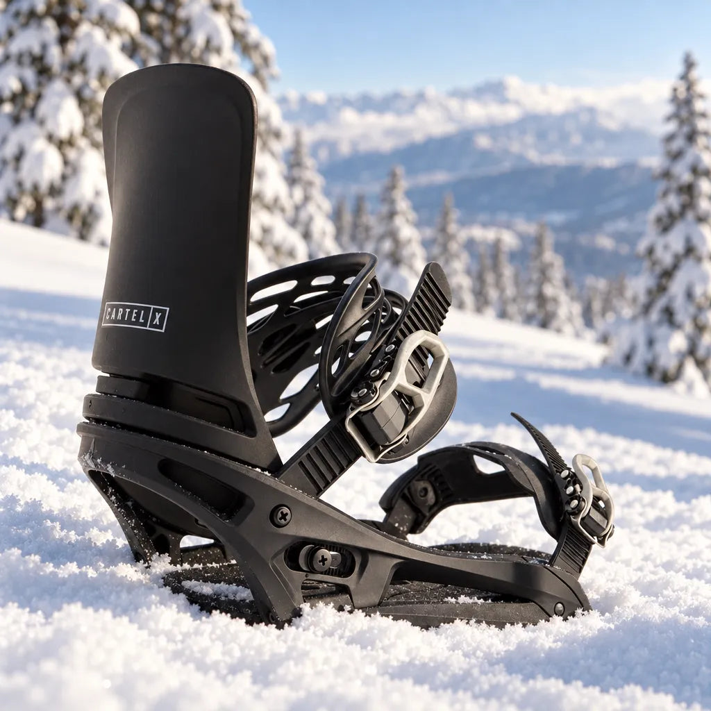 fixation snowboard cartel x est noire burton pour homme posée dans la neige