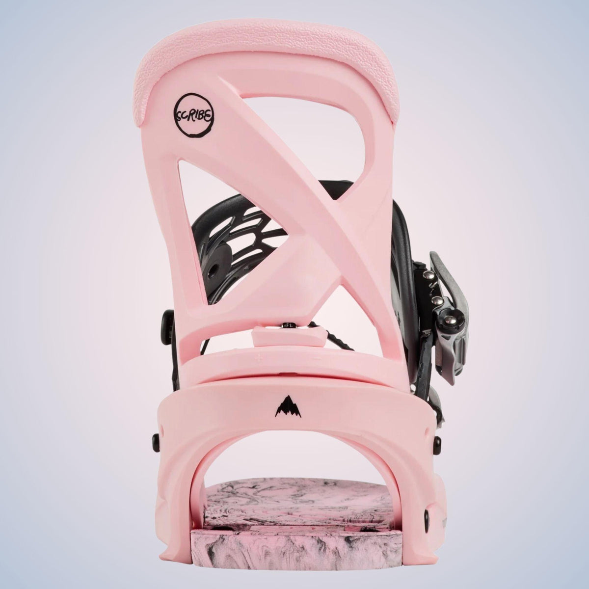 Arrière de la Burton Scribe Re:Flex, avec grand spoiler rose ajouré, renfort noir supérieur et zone talon visible
