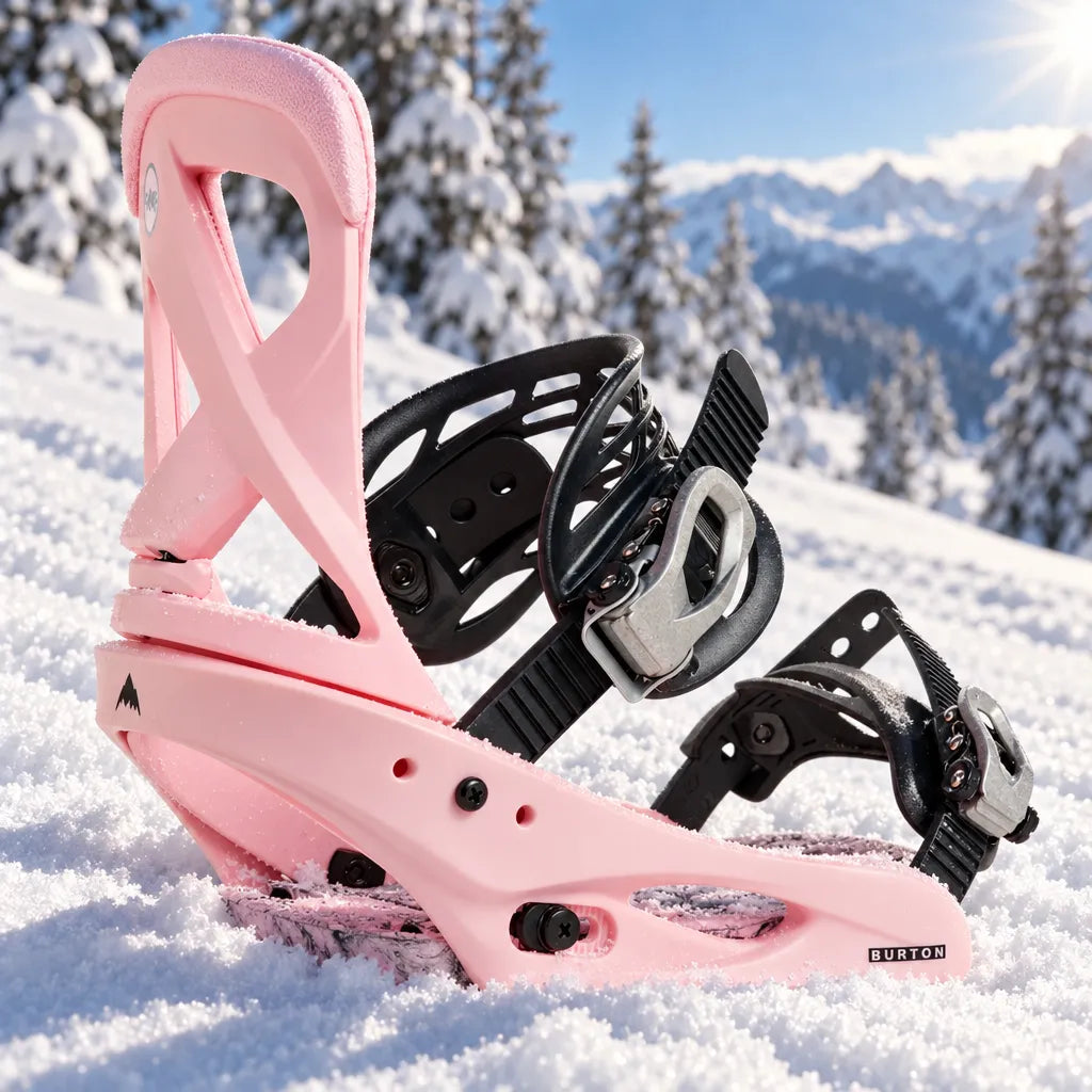 fixation snowboard scribe re flex pink burton pour femme posée dans la neige