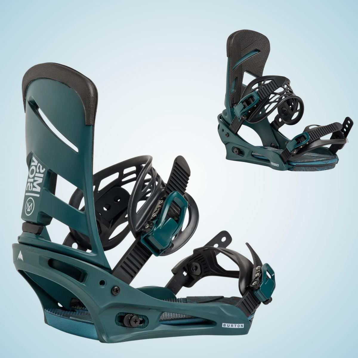 Deux fixations snowboard Burton Mission Re:Flex vert pétrole présentées ensemble, avec spoilers hauts, straps noirs et embases assorties