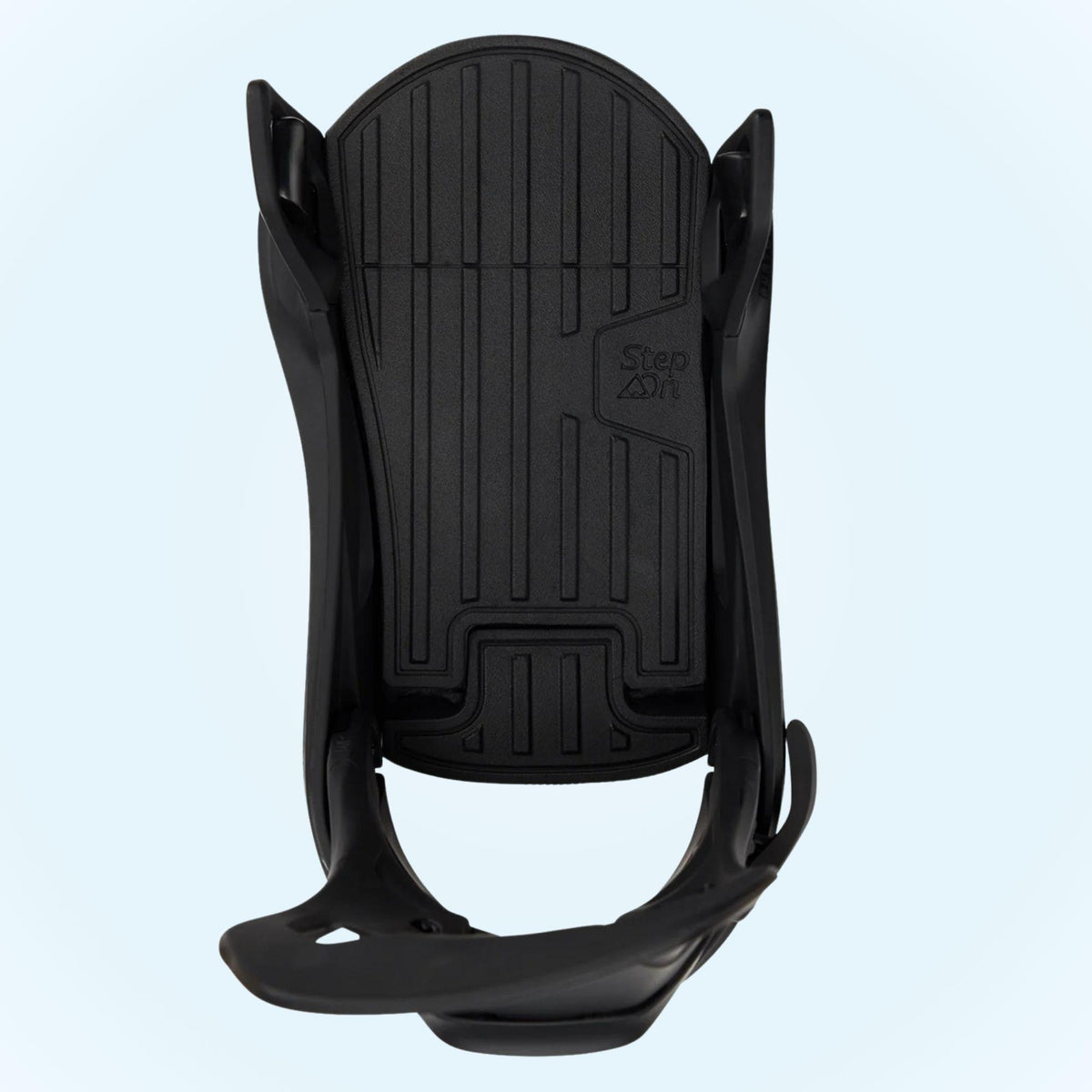 Fixation snowboard vue du dessus, avec amorti Re:Flex FullBED noir et espace central destiné à recevoir la boots