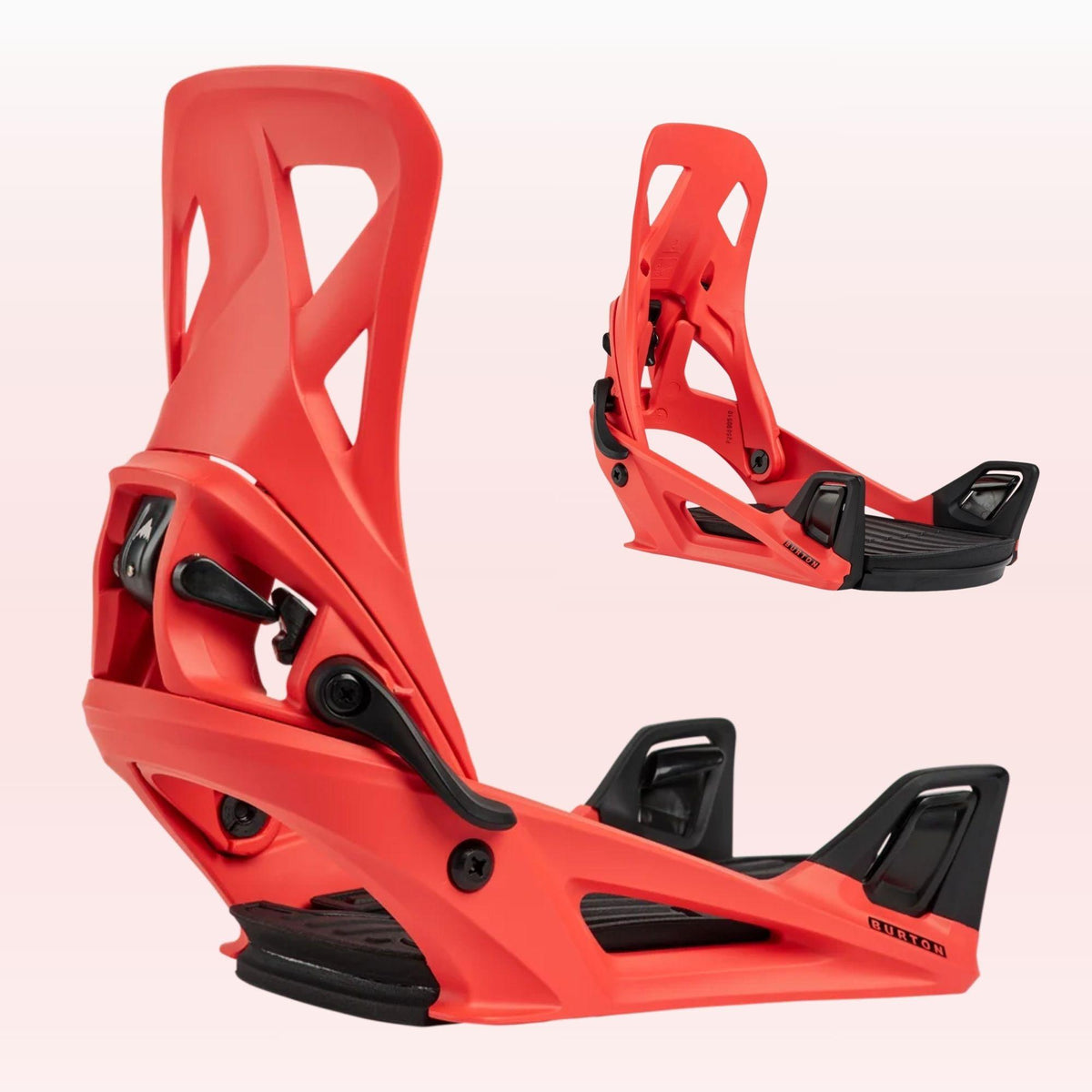 Deux fixations snowboard Burton Step On Re:Flex Hot Tamale orange vif présentées ensemble, avec spoilers ajourés et embases sans straps