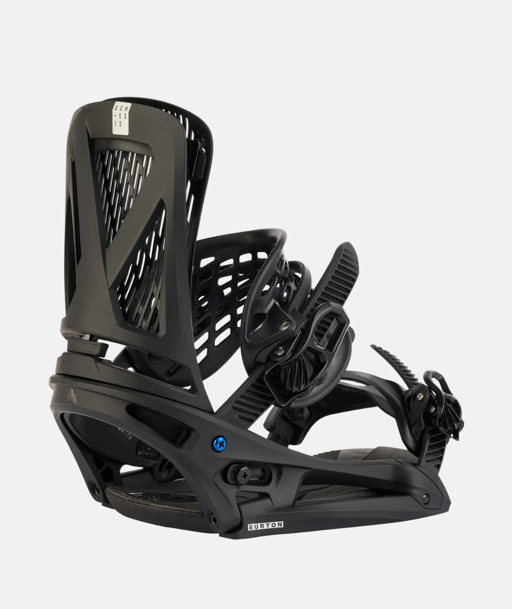 fixation Burton Genesis EST snowboard homme vue trois quarts avant straps et spoiler visibles