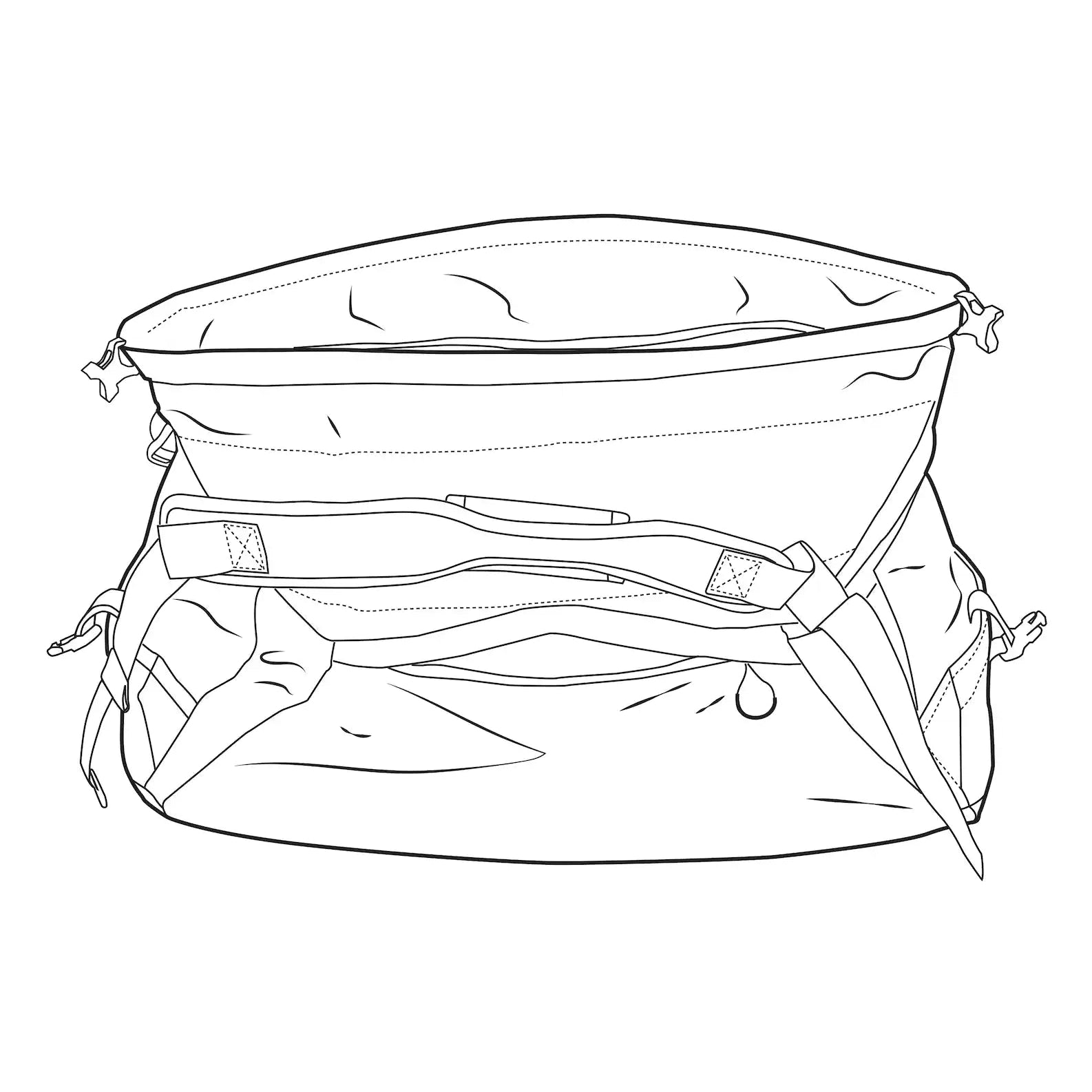 Schéma explicatif du sac Burton Multipath Duffel 60L Black montrant sa forme et son ouverture extensible