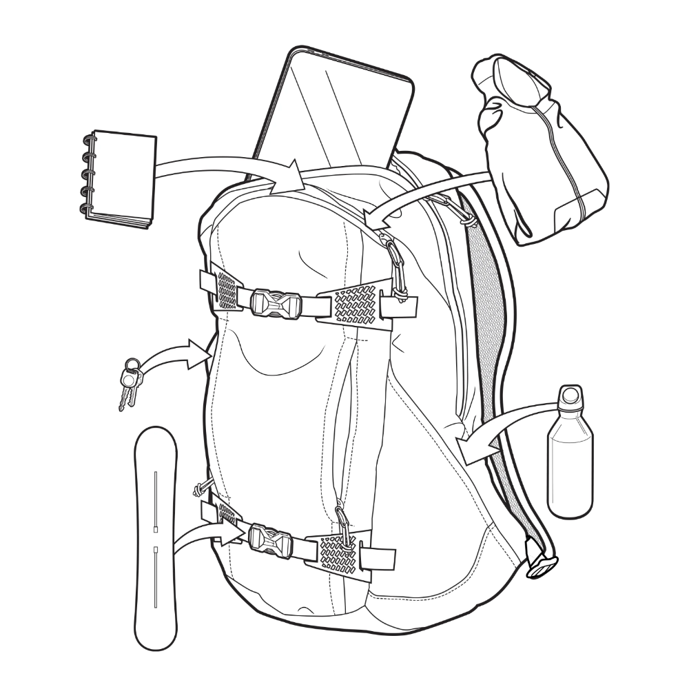 schéma des fonctionnalités du sac de randonnée burton day hiker 22 litres