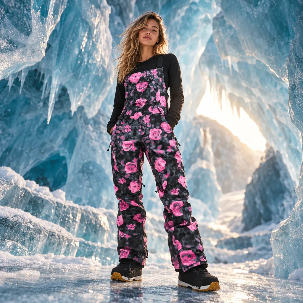 salopette de snowboard femme burton reserve noire à fleurs roses portée dans une grotte de glace