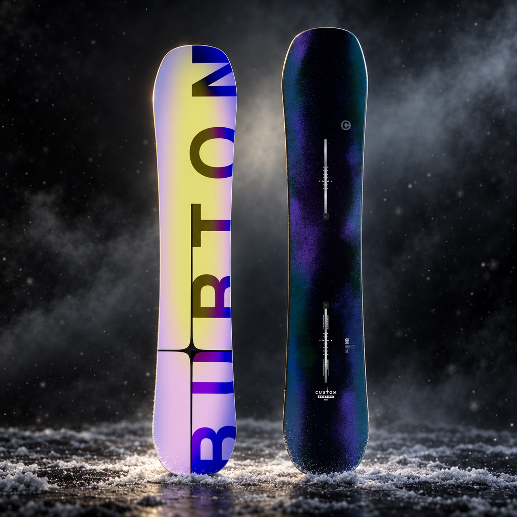 Snowboard Burton Custom Camber homme Faded 156 – vues face et dos sur décor hivernal sombre