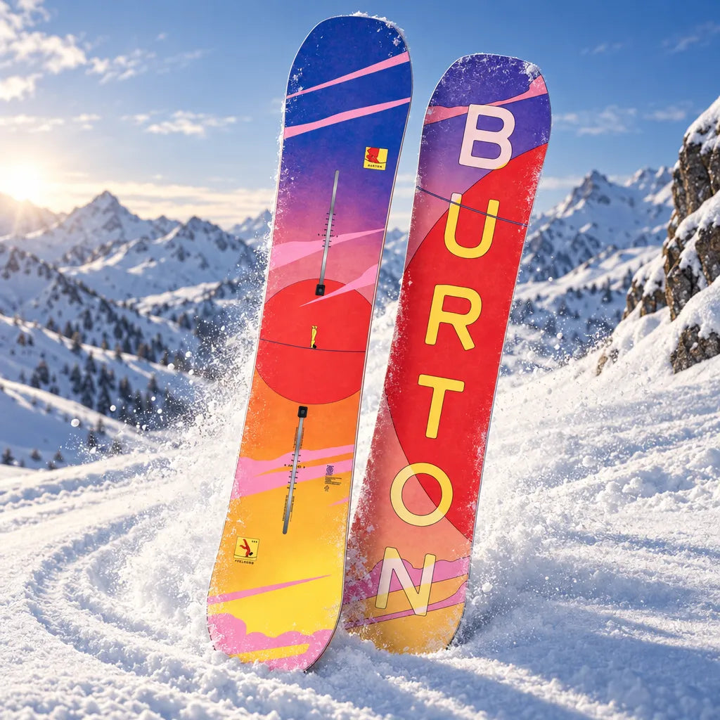 Snowboard Burton femme feelgood tight rope 149, topsheet et semelle multicolores rouge et orange présentés côte à côte dans la poudreuse en montagne