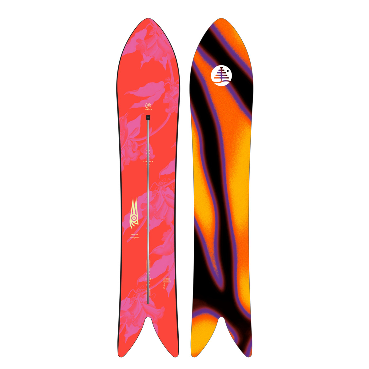 Snowboard Burton Smooth Operator 160 cm, topsheet rose corail à motifs floraux et semelle orange noire, avec tail en queue d’hirondelle