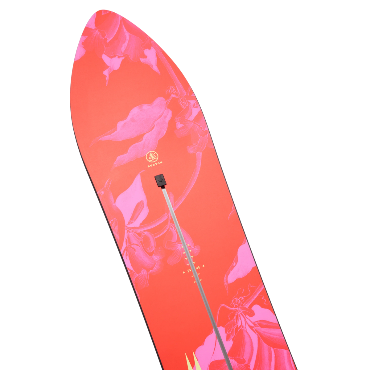 Partie avant du snowboard Burton, nose arrondi rose corail décoré de grandes formes florales roses et marquage central
