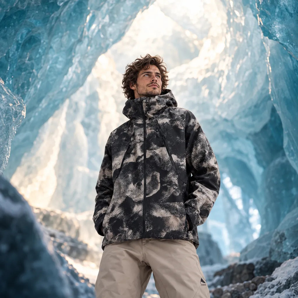 Veste de snowboard homme Burton Reserve Desert Rock noire et beige portée dans une grotte de glace
