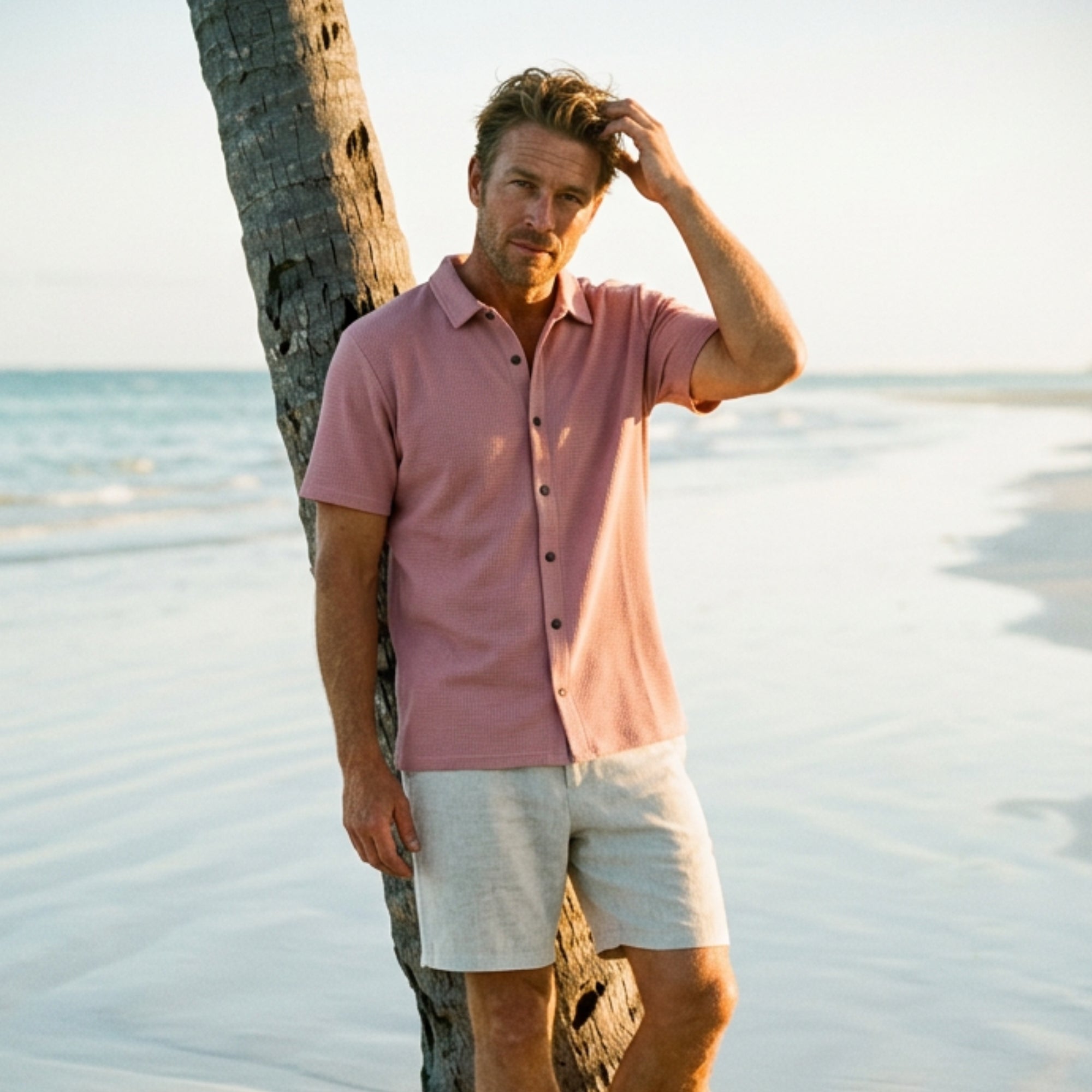 chemise rose texturée nid d'abeille portée par homme sur plage