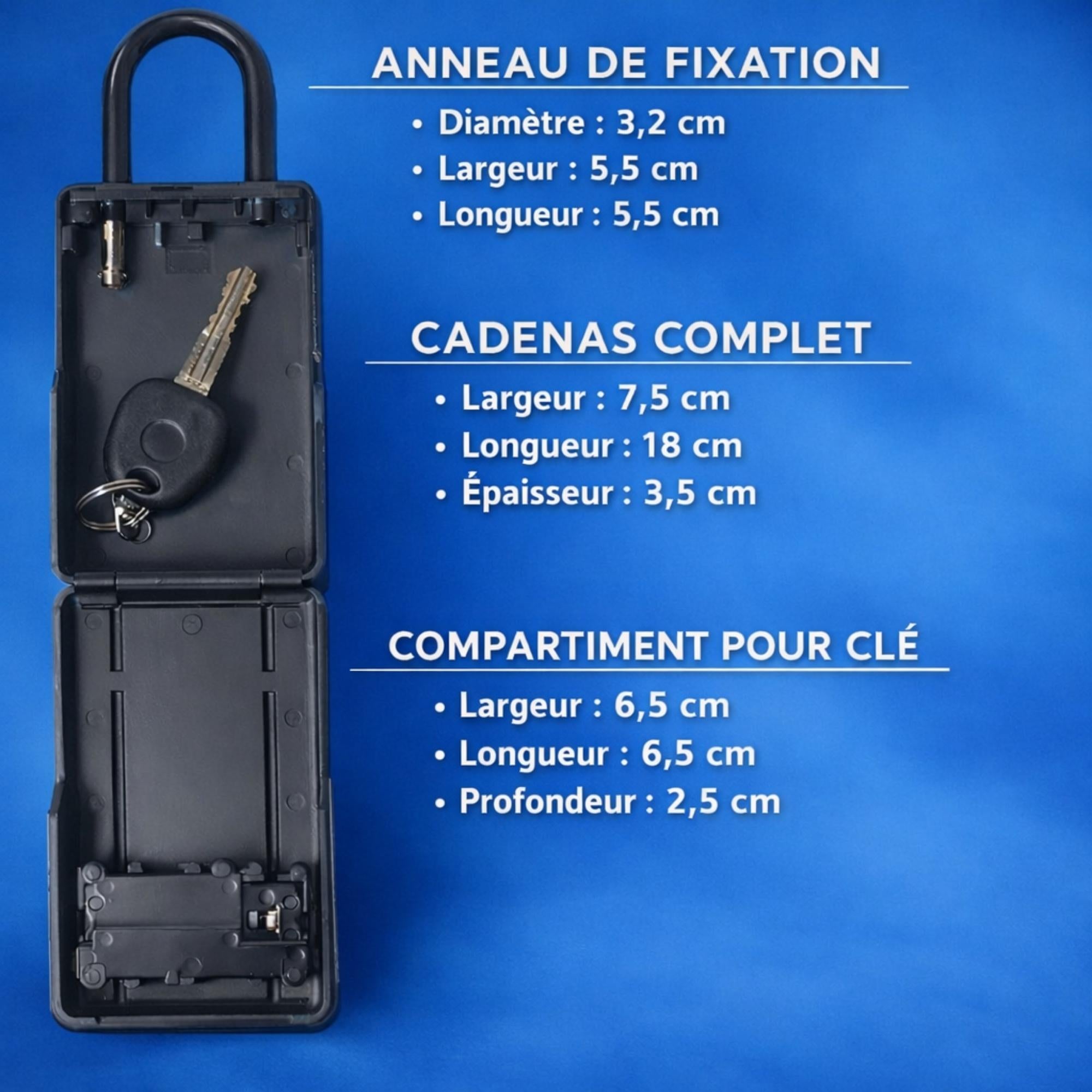 Dimensions precises du coffre à clés Surf System Small avec compartiment et manille