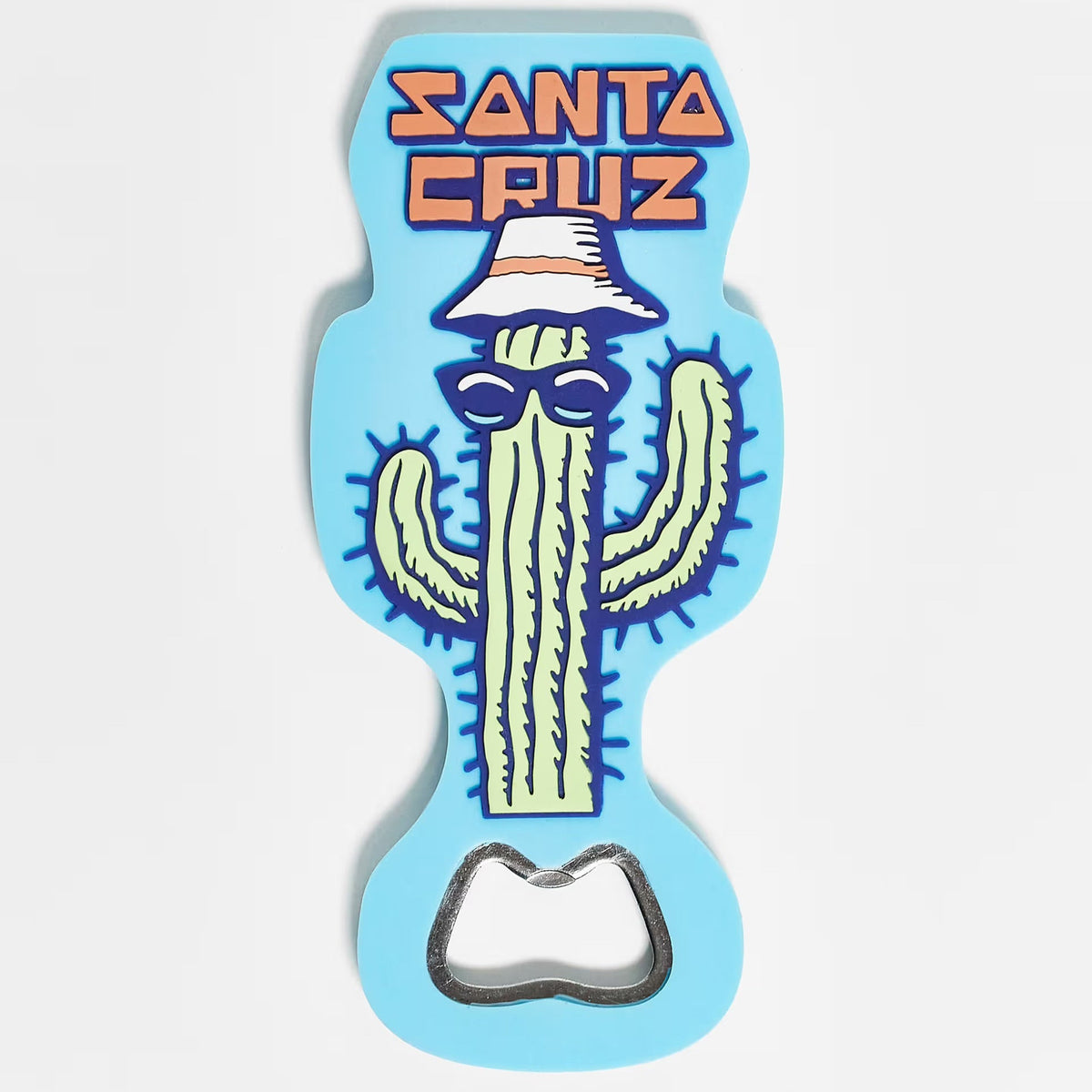 ouvre bouteille bleu santa cruz avec cactus vert et logo orange