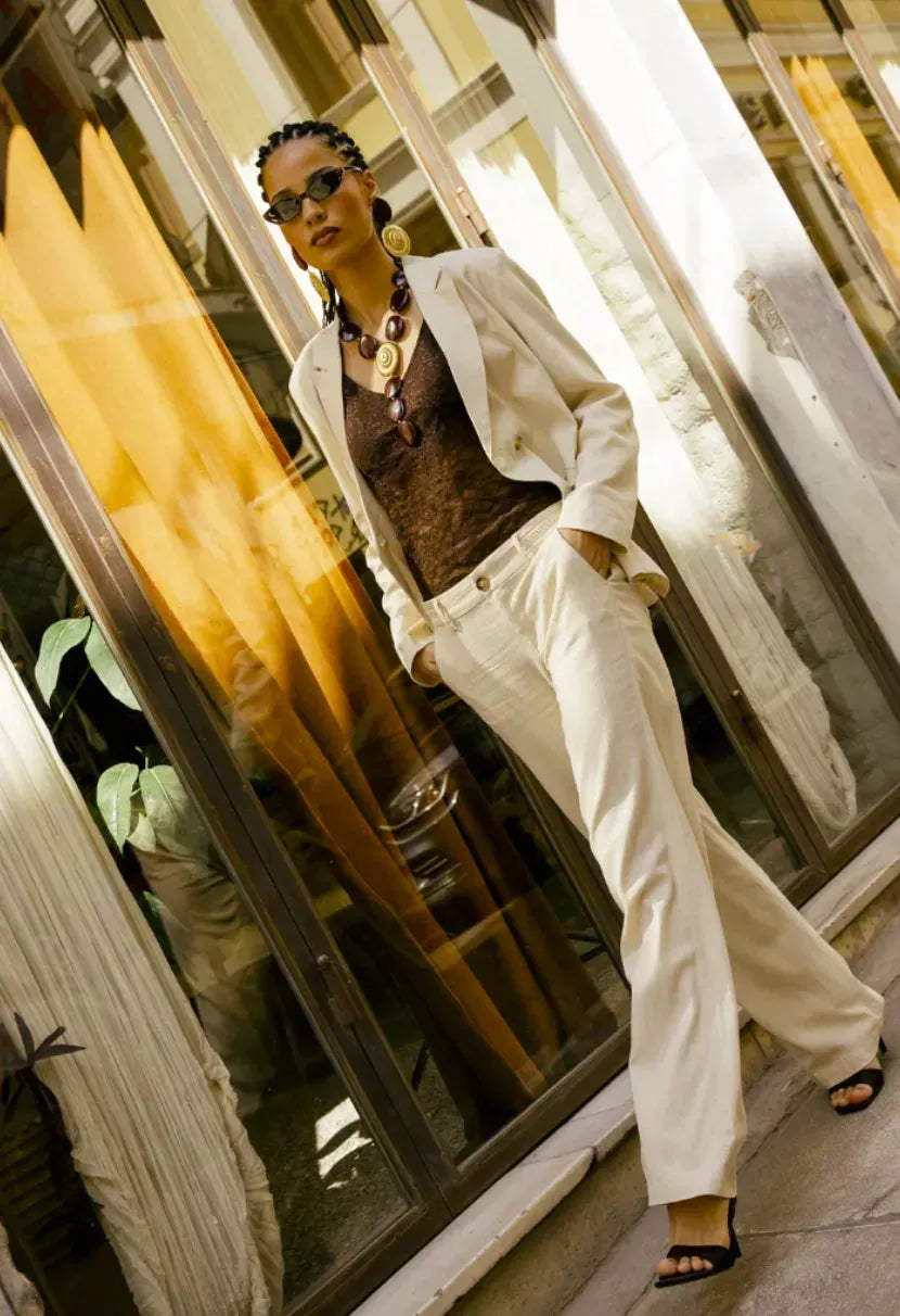 FREEMAN T.PORTER PANTALON AGATHA PLAIN LINEN Macadamia