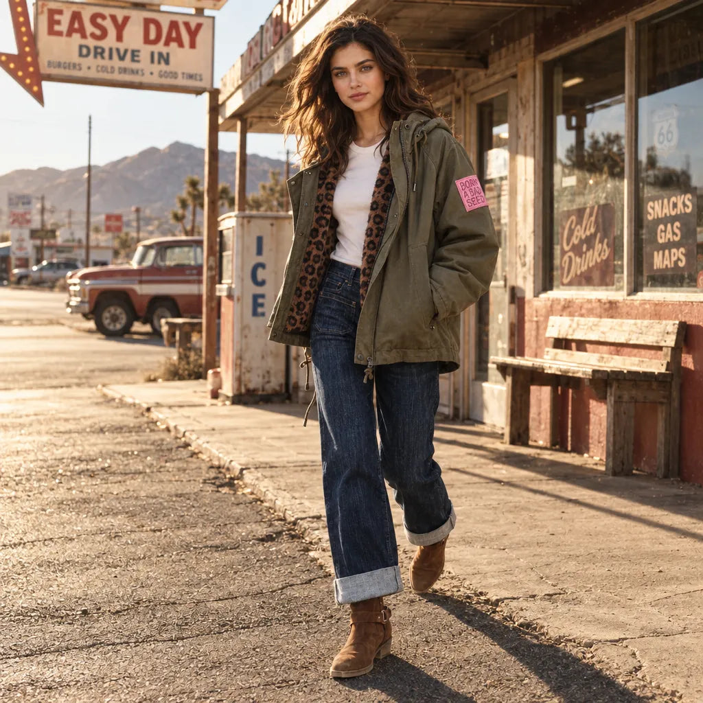 Parka Vendana Leo portée de face en extérieur avec pantalon Alice bloop, coupe courte ample, capuche et coloris vert olive