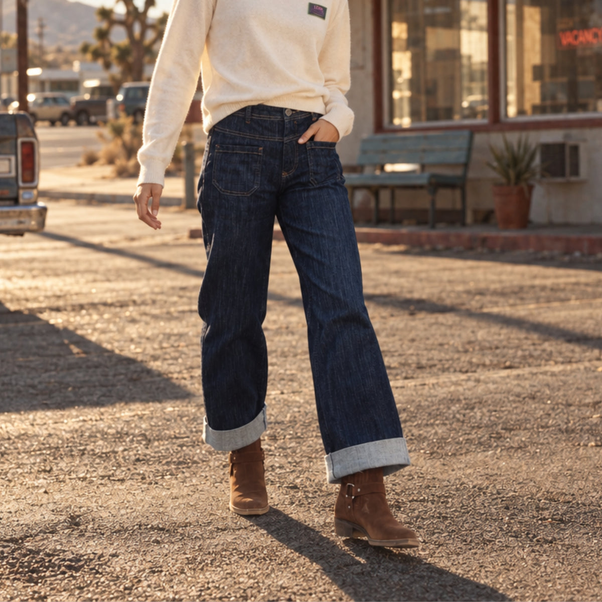 Jeans femme Freeman T. Porter Alice Bloop bleu indigo porté en ville, coupe large 7/8 et revers aux chevilles