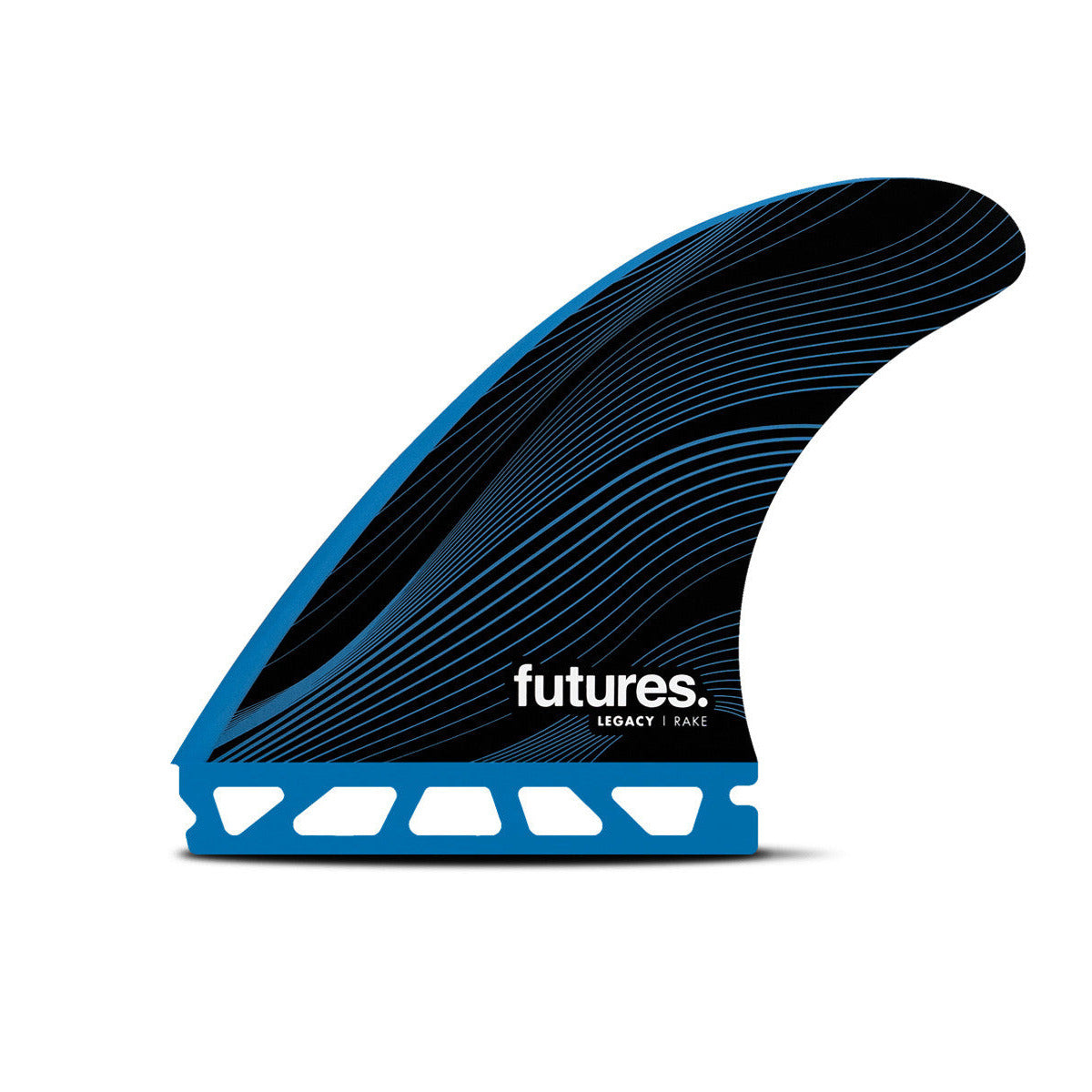 dérive futures fins legacy noire et bleue vue de face