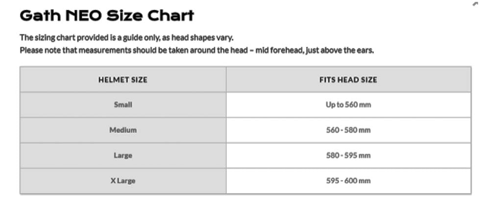 Guide des tailles du casque GATH NEO HAT pour choisir le bon tour de tête