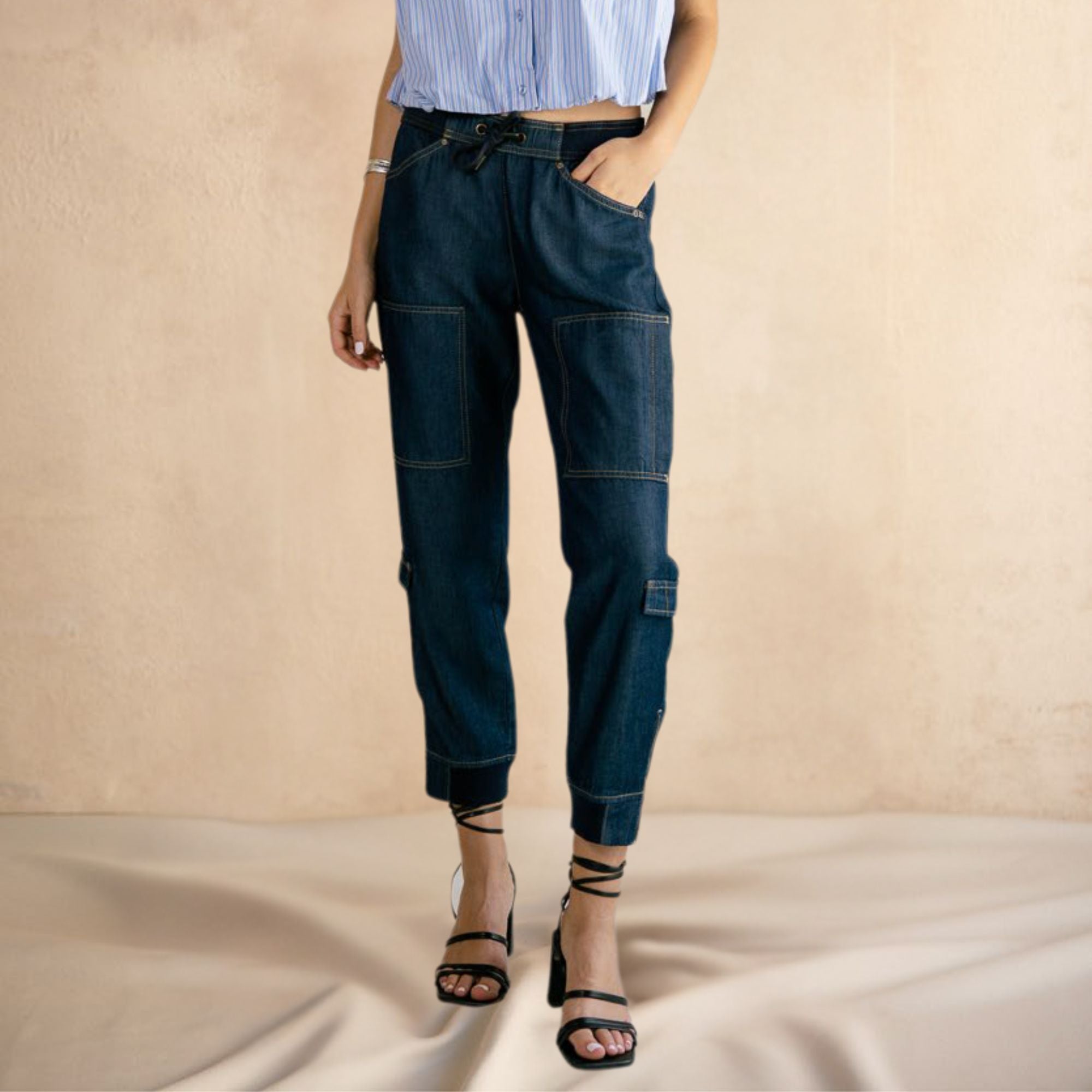 jean cargo femme freeman t.porter lyocell bleu foncé porté vue face