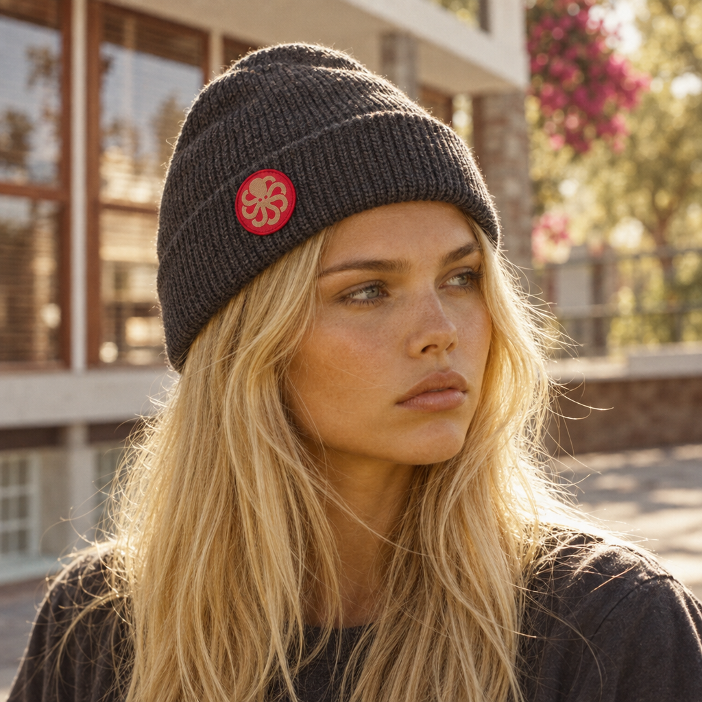Bonnet surfwear unisexe Jonsen Island Laine gris porté par une femme, maille côtelée et écusson rond rouge à poulpe doré